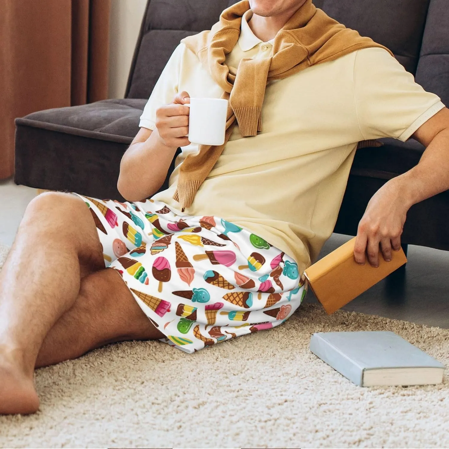 Mens Pajama Pants - Colorful Ice Cream Comfy Sleep Shorts Mens Pajama Shorts, Mens Lounge Shorts Pj Pants