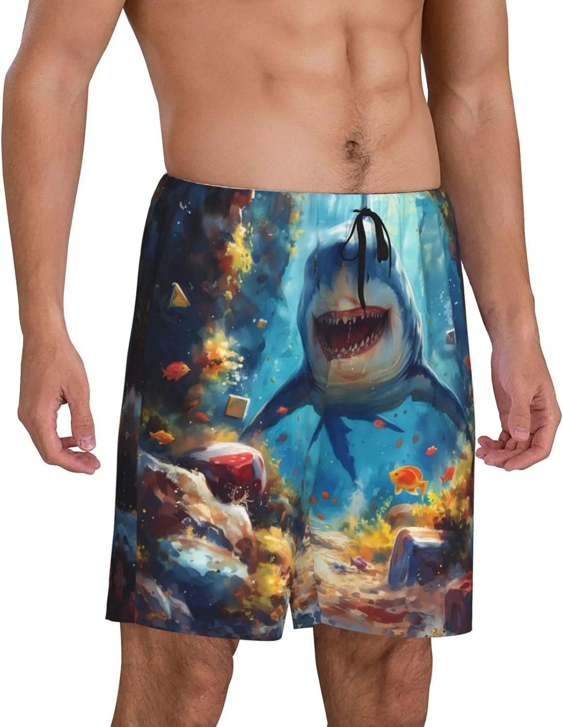 mens pajama pants - Colorful Underwater Shark Comfy Sleep Shorts Mens Pajama shorts, mens lounge shorts pj pants
