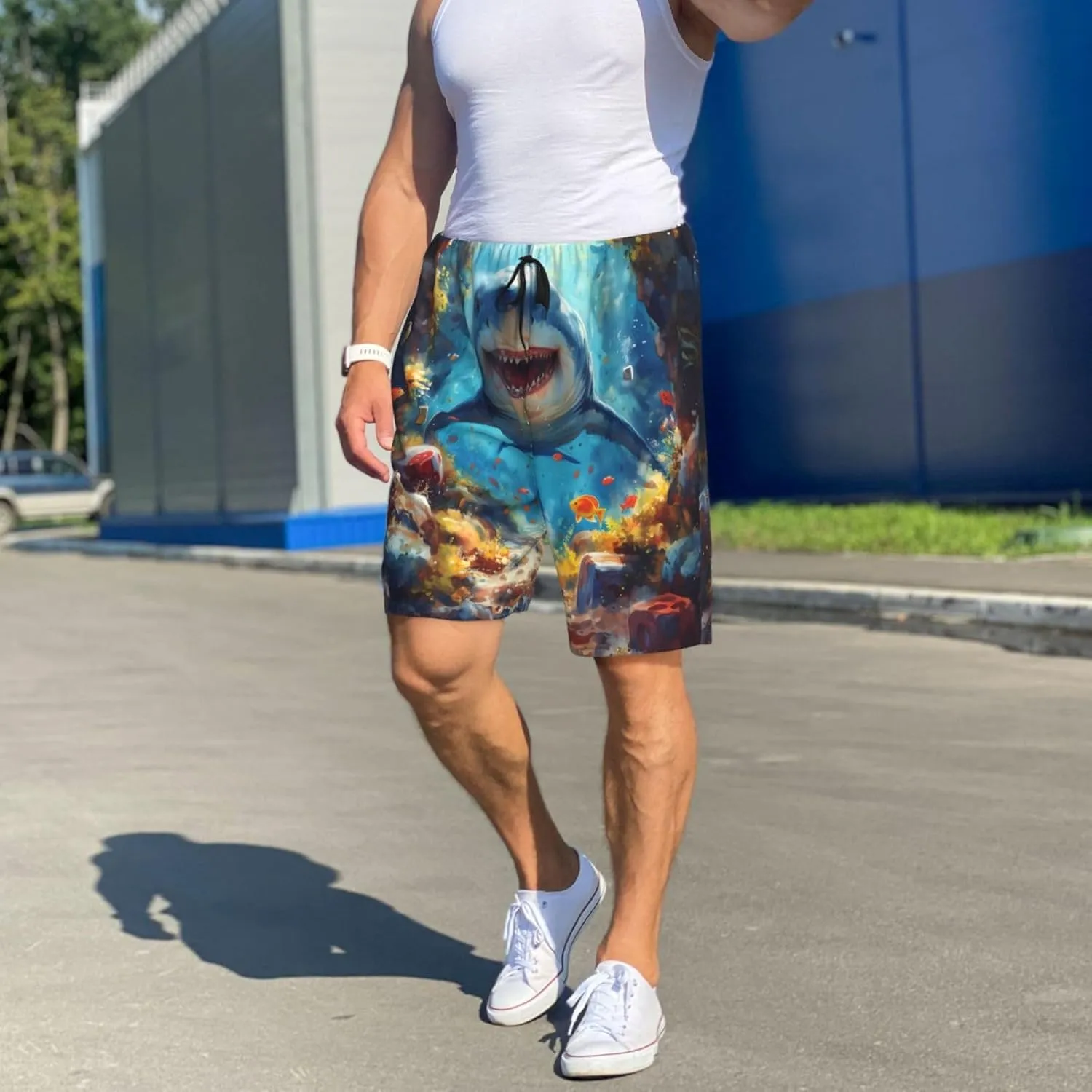 mens pajama pants - Colorful Underwater Shark Comfy Sleep Shorts Mens Pajama shorts, mens lounge shorts pj pants