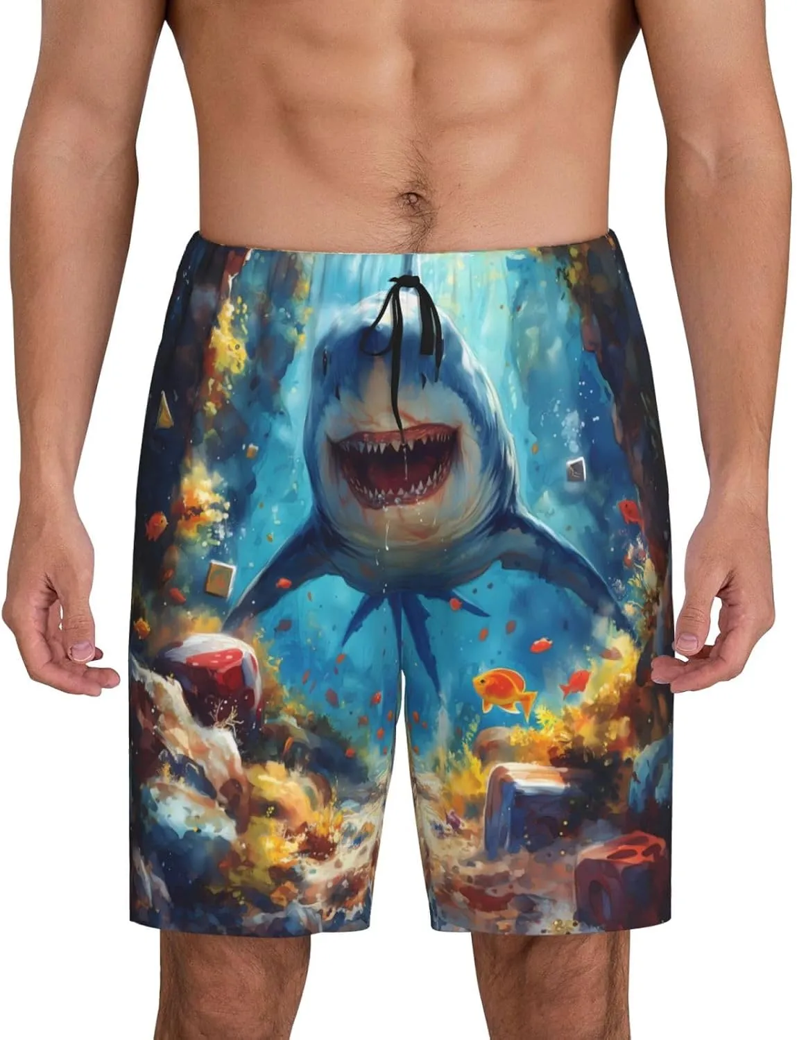 mens pajama pants - Colorful Underwater Shark Comfy Sleep Shorts Mens Pajama shorts, mens lounge shorts pj pants