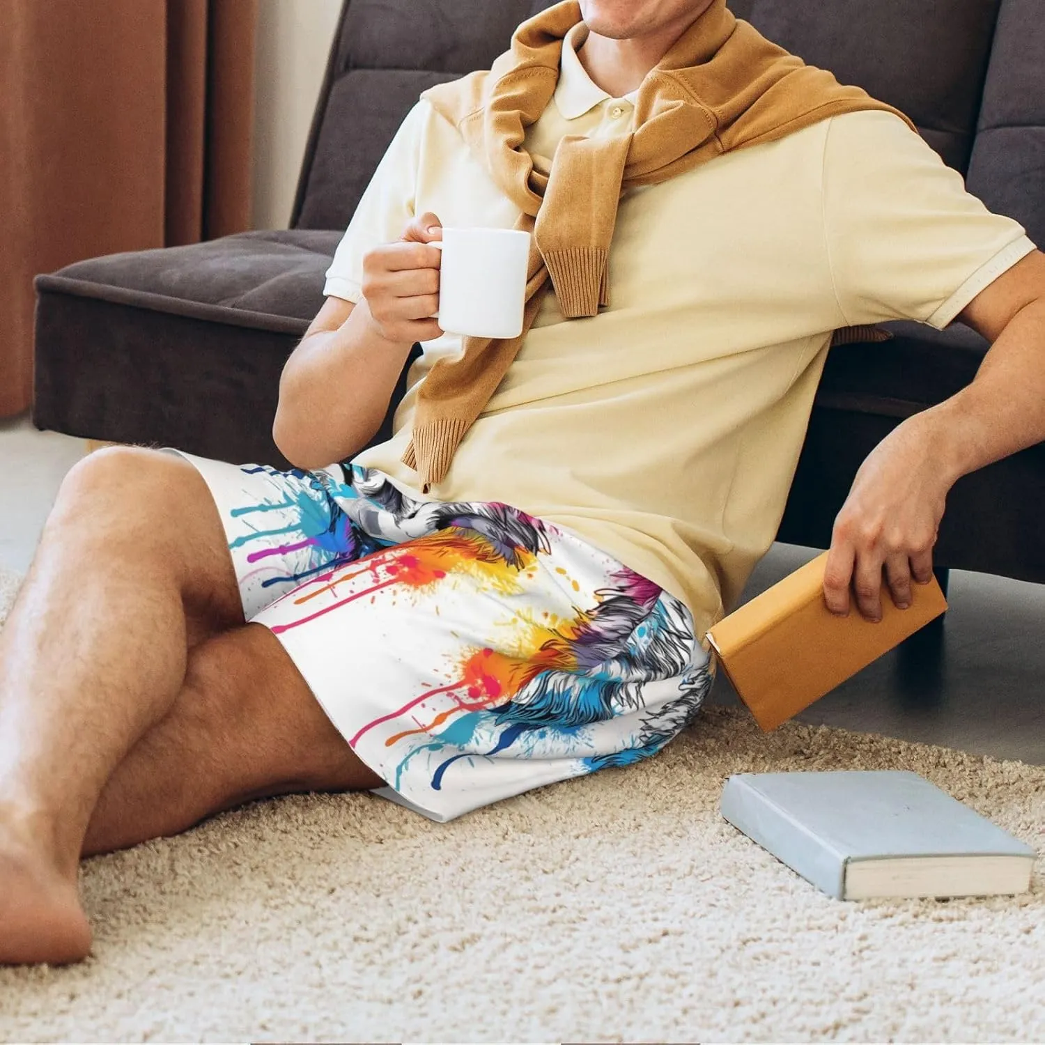 mens pajama pants - Cool Colorful Wolf Comfy Sleep Shorts Mens Pajama shorts, mens lounge shorts pj pants