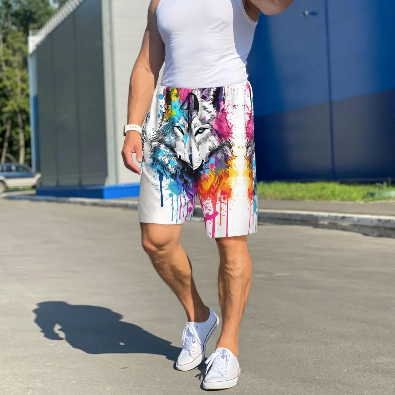 mens pajama pants - Cool Colorful Wolf Comfy Sleep Shorts Mens Pajama shorts, mens lounge shorts pj pants