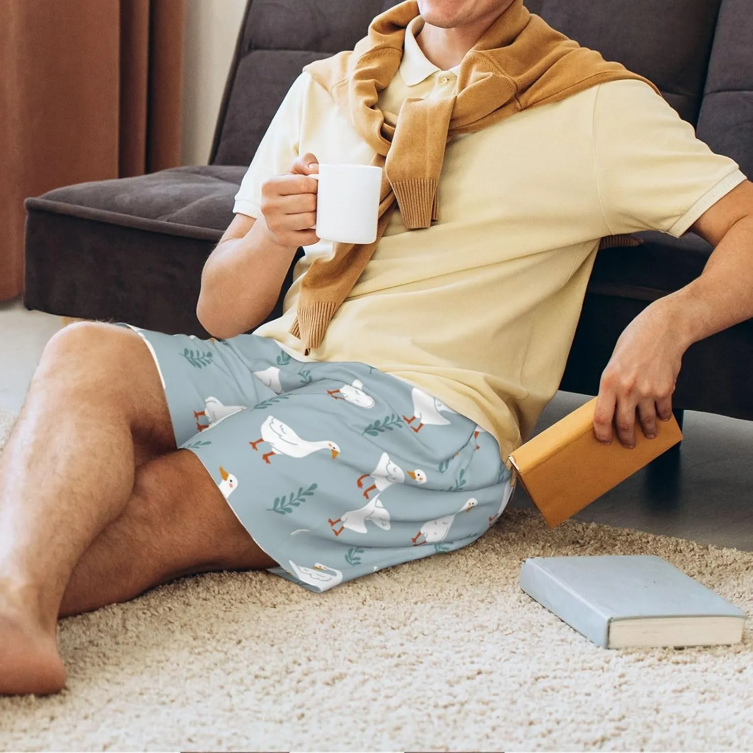 Mens Pajama Pants - Cute Duck No.20057 Comfy Sleep Shorts Mens Pajama Shorts, Mens Lounge Shorts Pj Pants