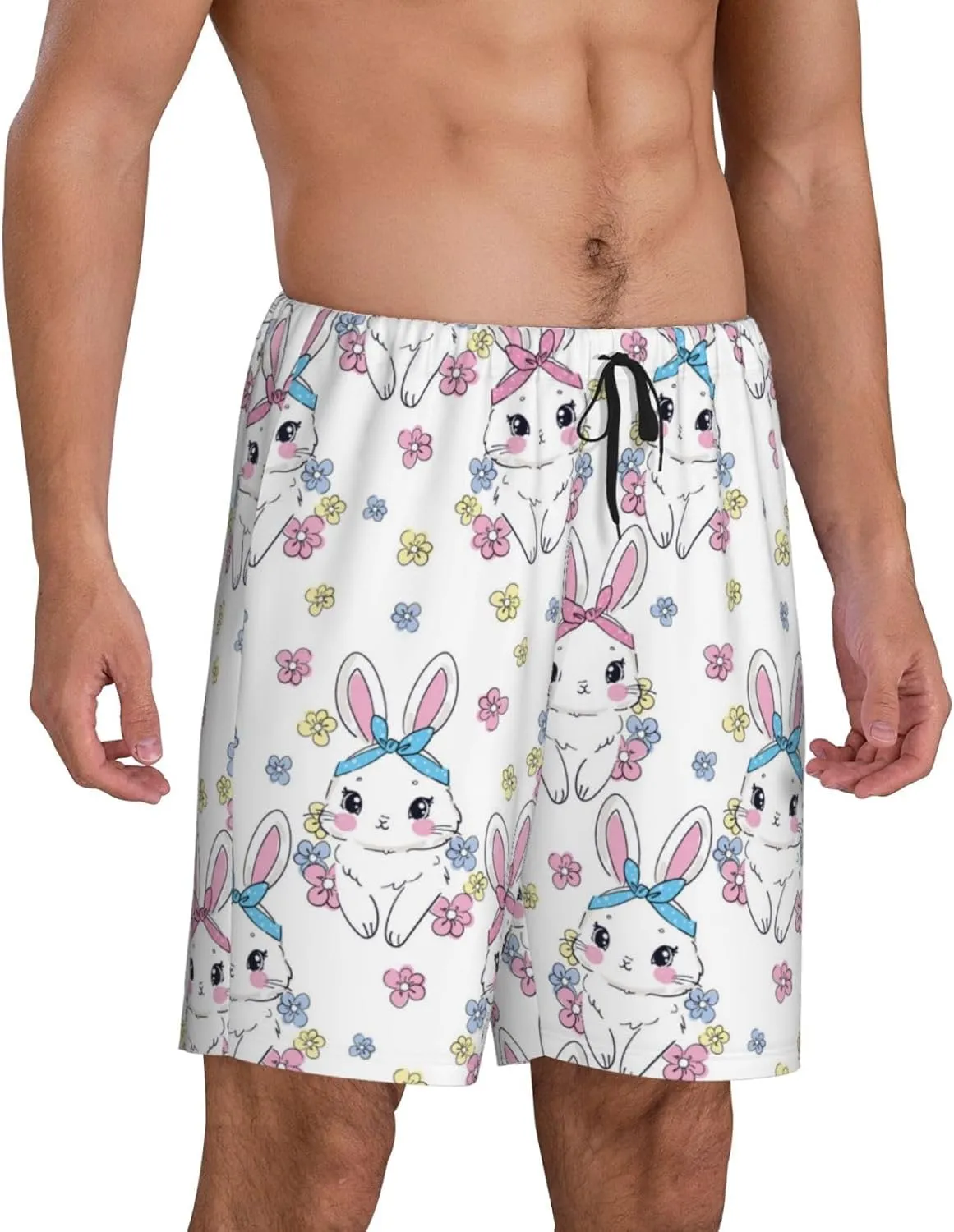Mens Pajama Pants - Cute Rabbit No.20168 Comfy Sleep Shorts Mens Pajama Shorts, Mens Lounge Shorts Pj Pants