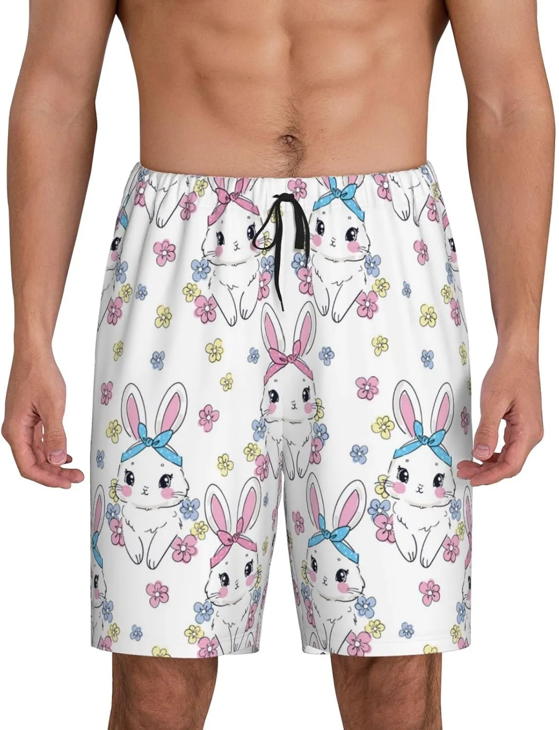 Mens Pajama Pants - Cute Rabbit No.20168 Comfy Sleep Shorts Mens Pajama Shorts, Mens Lounge Shorts Pj Pants