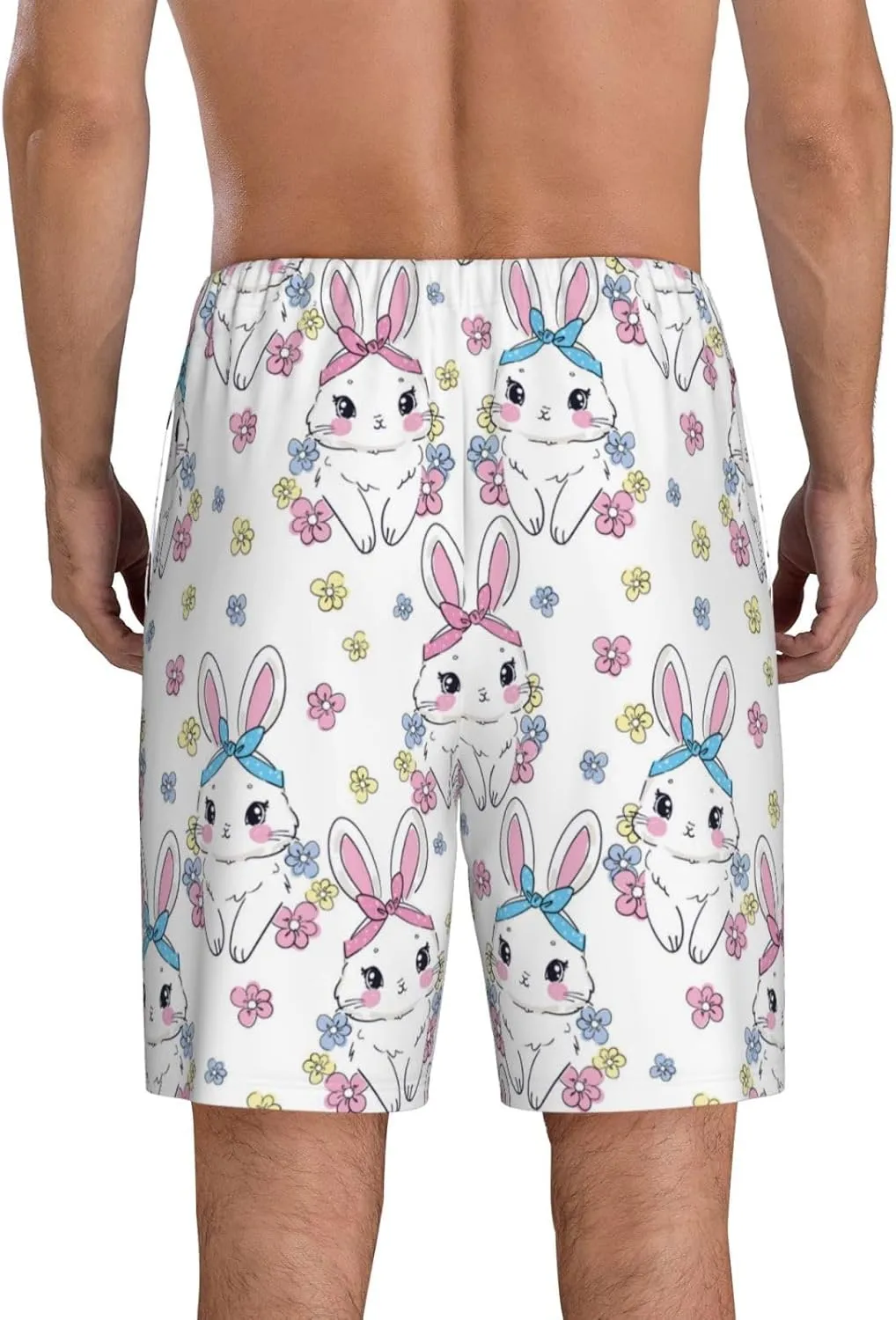 Mens Pajama Pants - Cute Rabbit No.20168 Comfy Sleep Shorts Mens Pajama Shorts, Mens Lounge Shorts Pj Pants