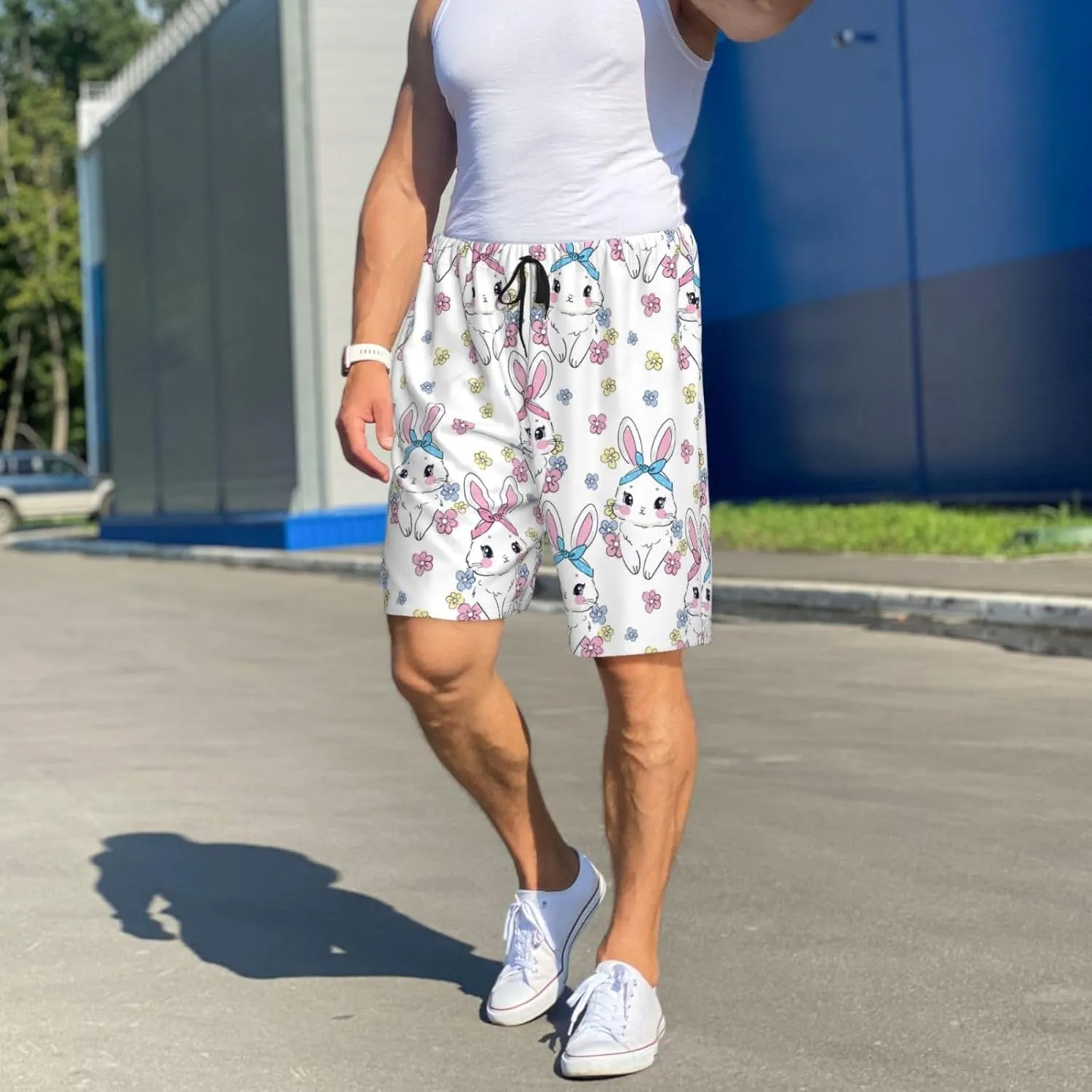 Mens Pajama Pants - Cute Rabbit No.20168 Comfy Sleep Shorts Mens Pajama Shorts, Mens Lounge Shorts Pj Pants