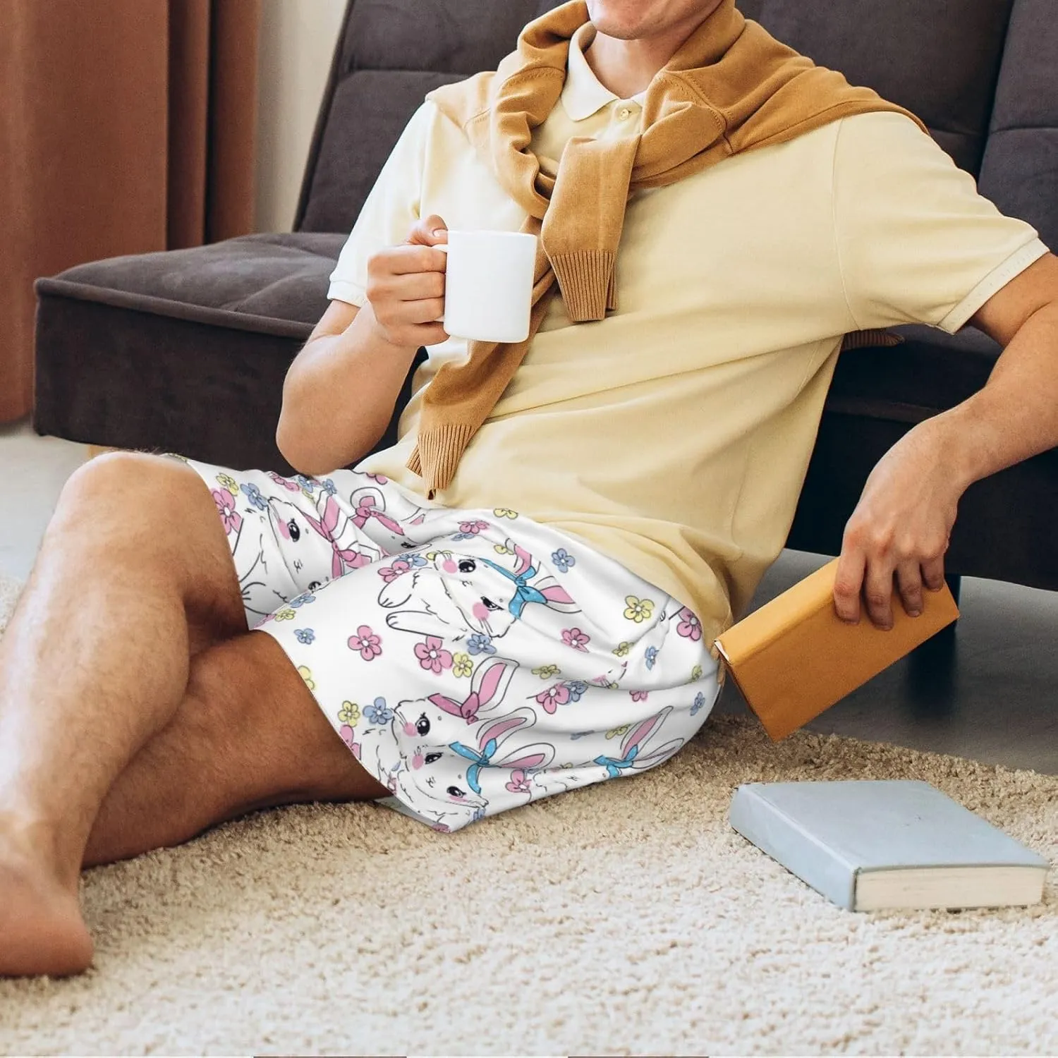 Mens Pajama Pants - Cute Rabbit No.20168 Comfy Sleep Shorts Mens Pajama Shorts, Mens Lounge Shorts Pj Pants