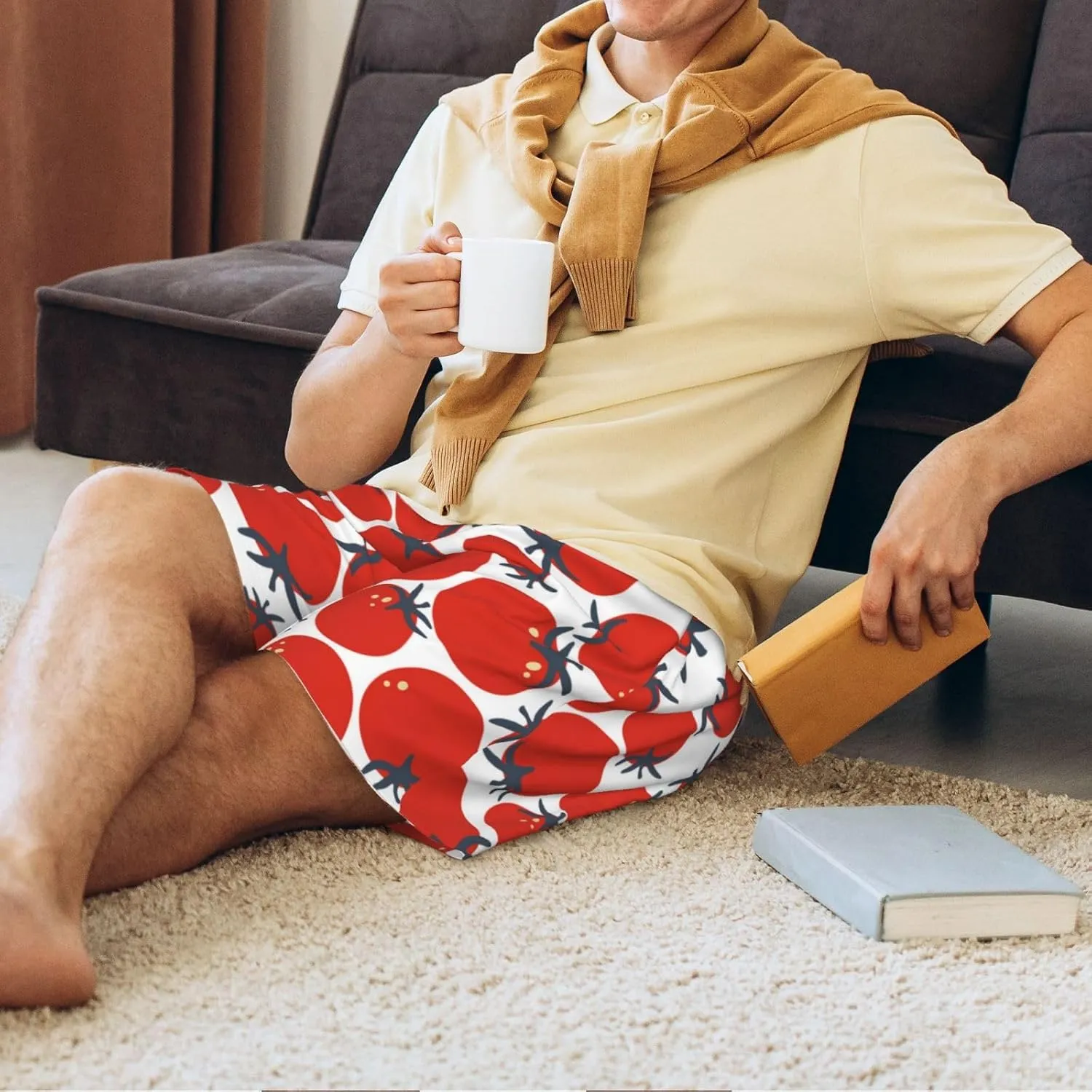 Mens Pajama Pants - Cute Tomato No.1006 Comfy Sleep Shorts Mens Pajama Shorts, Mens Lounge Shorts Pj Pants
