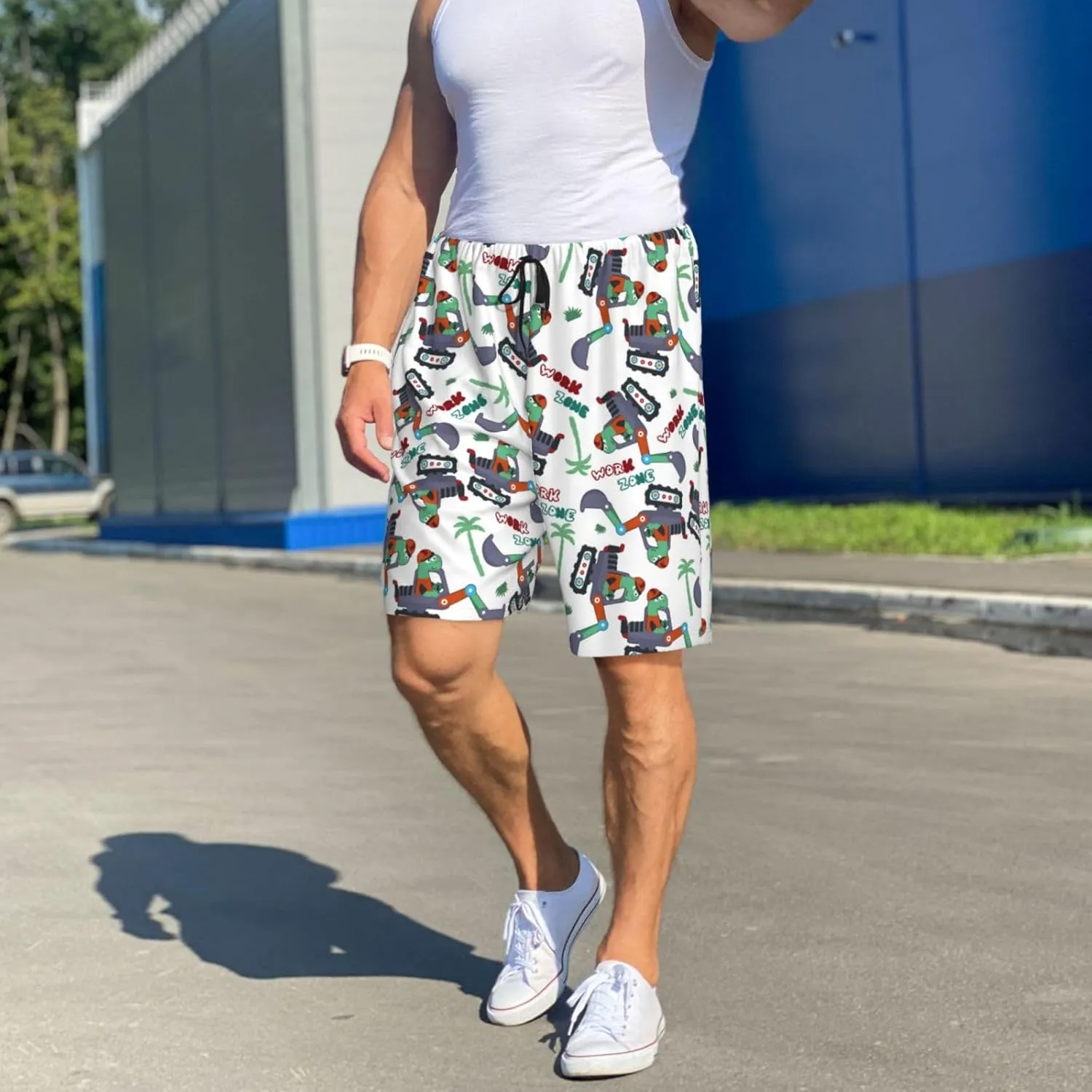 Mens Pajama Pants - Dinosaur On Excavator2 Comfy Sleep Shorts Mens Pajama Shorts, Mens Lounge Shorts Pj Pants
