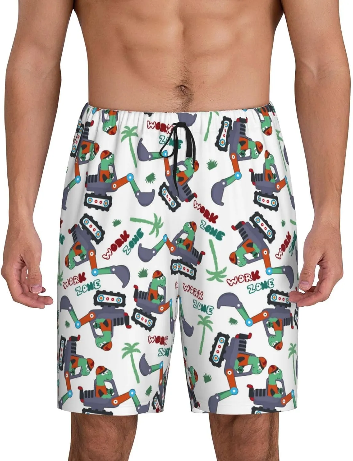 Mens Pajama Pants - Dinosaur On Excavator2 Comfy Sleep Shorts Mens Pajama Shorts, Mens Lounge Shorts Pj Pants