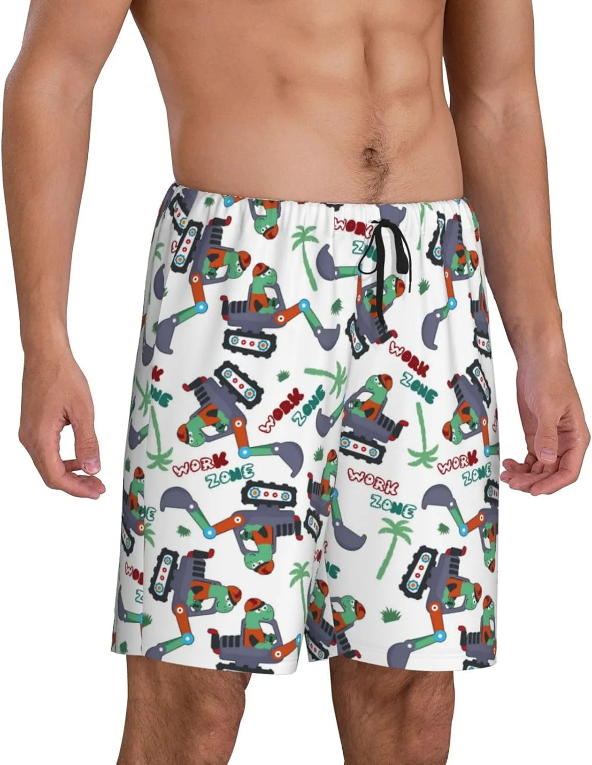 Mens Pajama Pants - Dinosaur On Excavator2 Comfy Sleep Shorts Mens Pajama Shorts, Mens Lounge Shorts Pj Pants