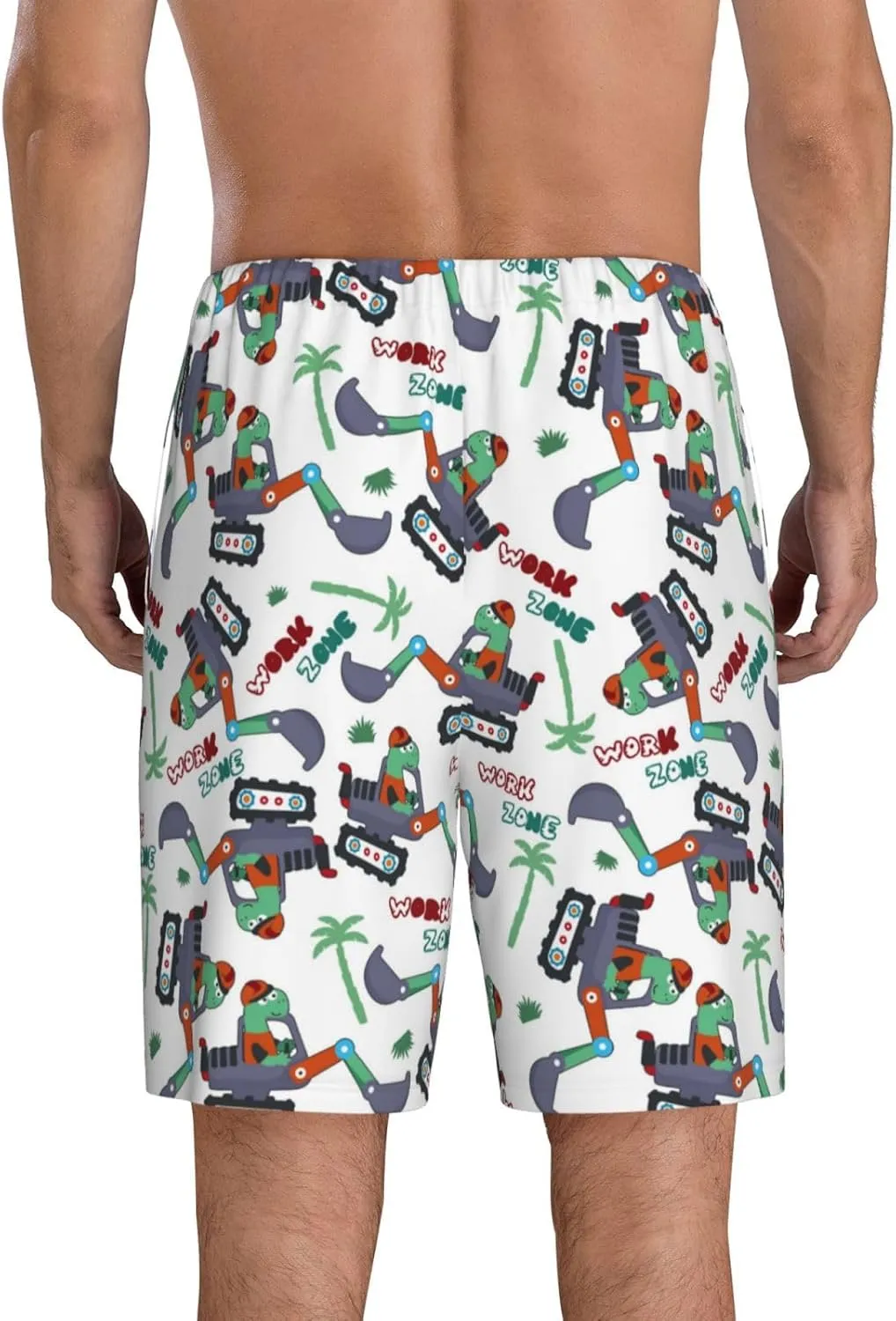Mens Pajama Pants - Dinosaur On Excavator2 Comfy Sleep Shorts Mens Pajama Shorts, Mens Lounge Shorts Pj Pants