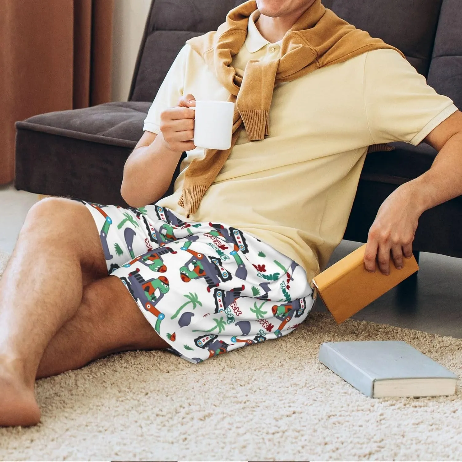 Mens Pajama Pants - Dinosaur On Excavator2 Comfy Sleep Shorts Mens Pajama Shorts, Mens Lounge Shorts Pj Pants