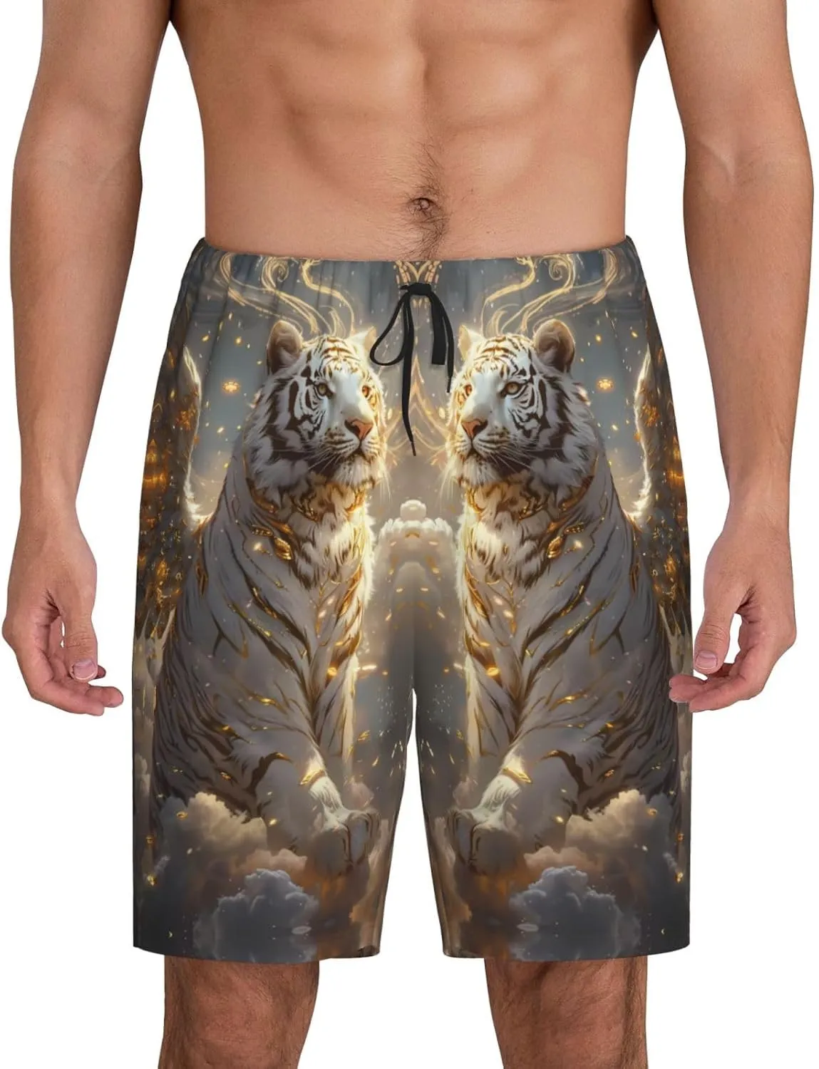 mens pajama pants - Golden White Tiger Comfy Sleep Shorts Mens Pajama shorts, mens lounge shorts pj pants