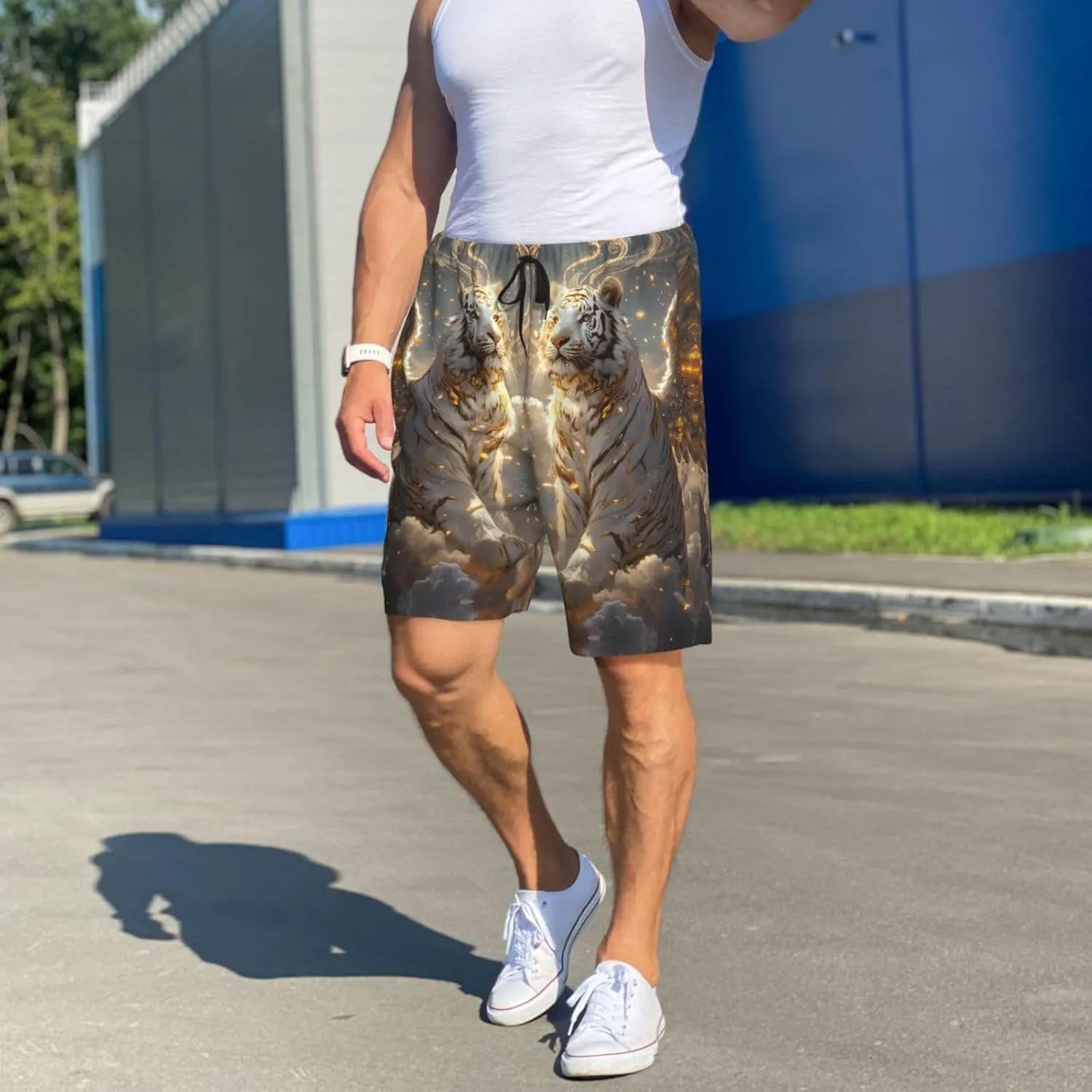mens pajama pants - Golden White Tiger Comfy Sleep Shorts Mens Pajama shorts, mens lounge shorts pj pants