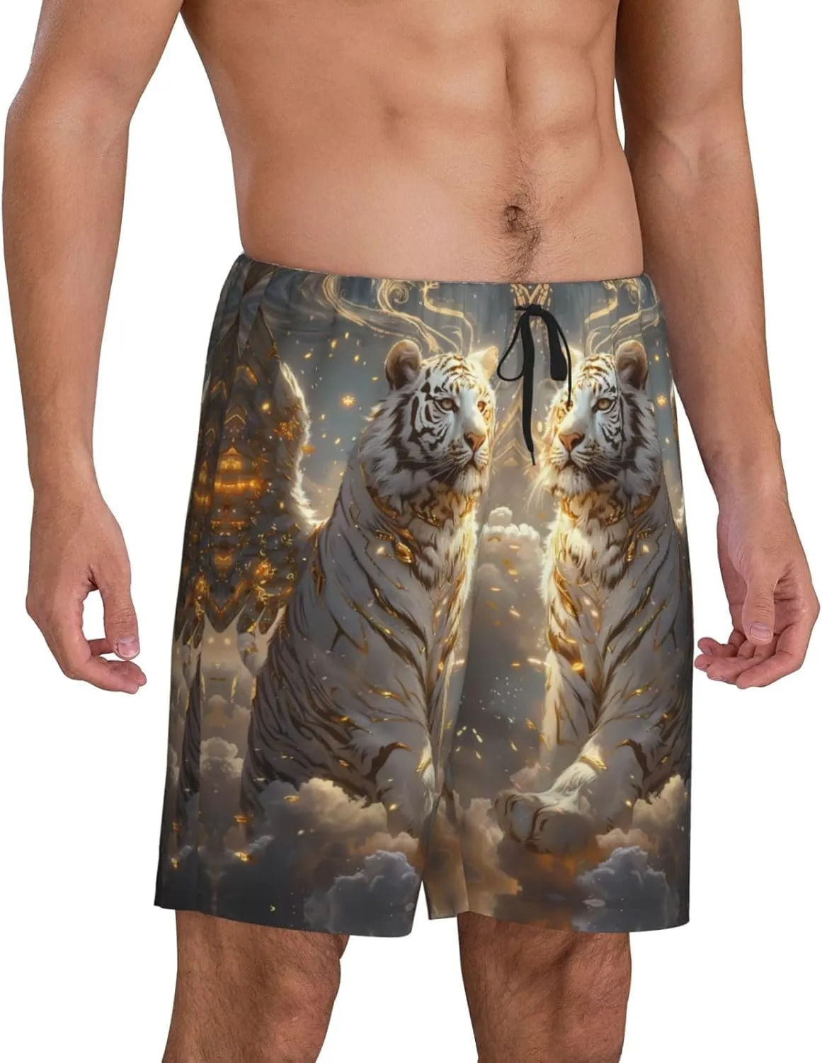 mens pajama pants - Golden White Tiger Comfy Sleep Shorts Mens Pajama shorts, mens lounge shorts pj pants