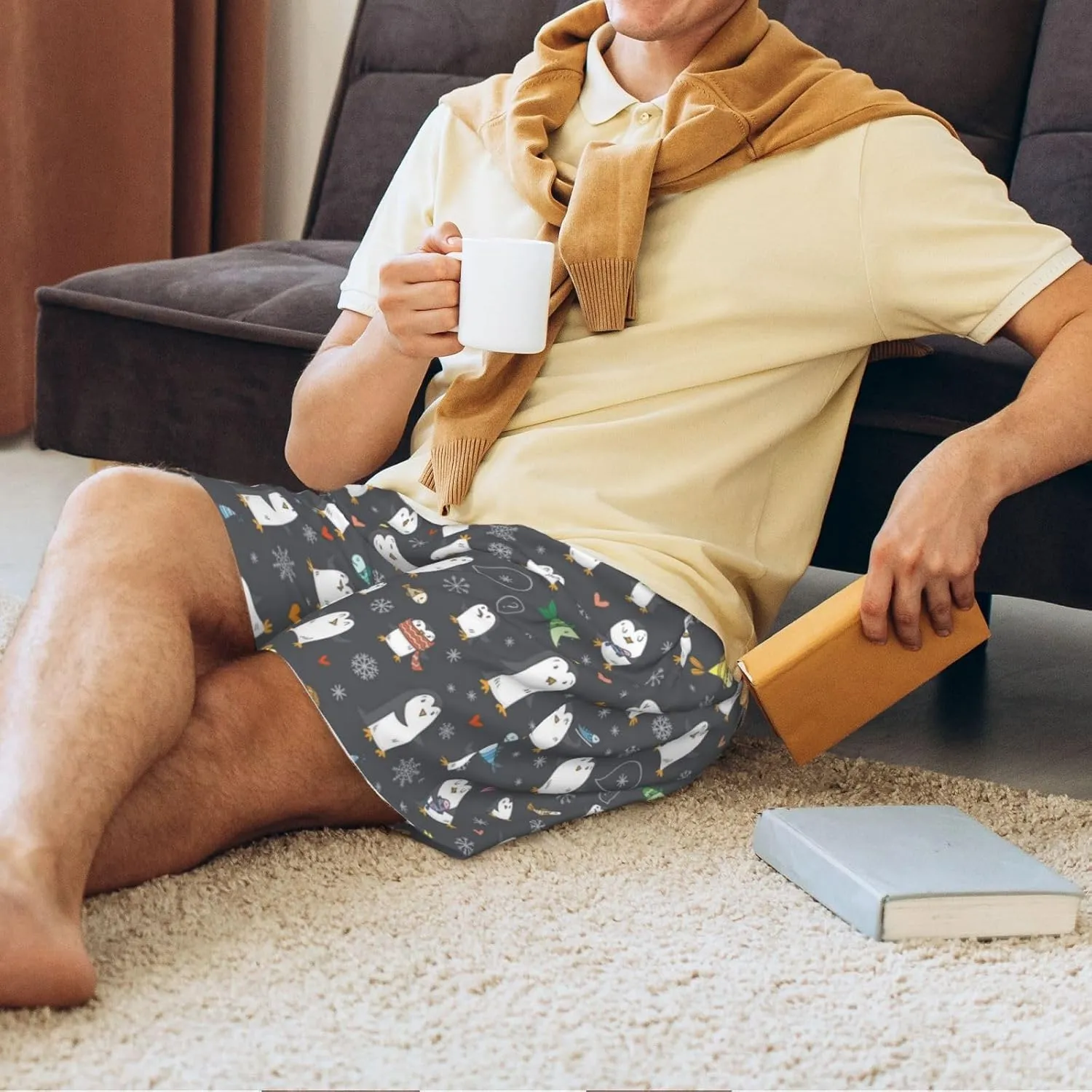 Mens Pajama Pants - Lovely penguin Sleep Shorts Mens Pajama Shorts, Comfy Pj Pants for Mens Lounge Shorts