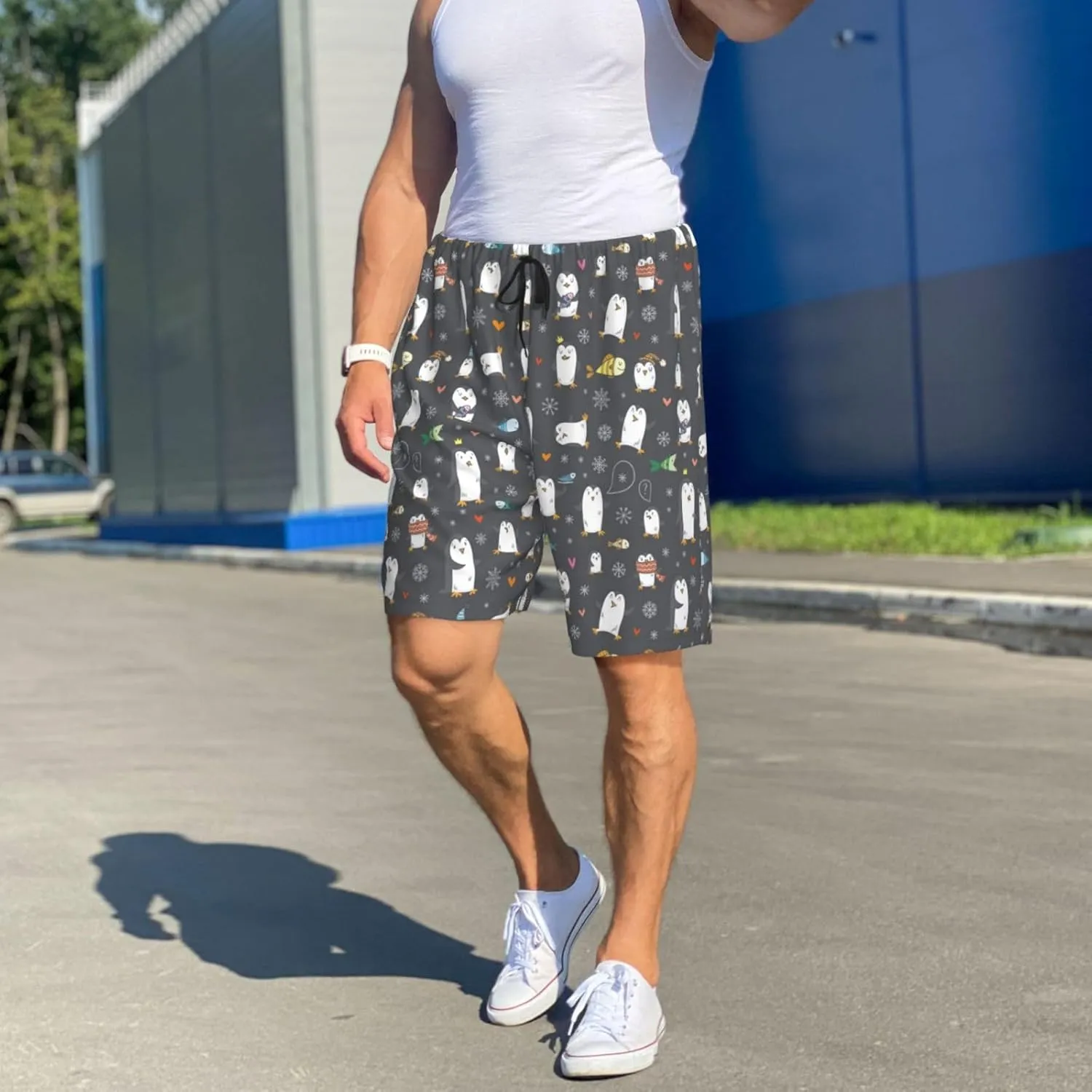 Mens Pajama Pants - Lovely penguin Sleep Shorts Mens Pajama Shorts, Comfy Pj Pants for Mens Lounge Shorts