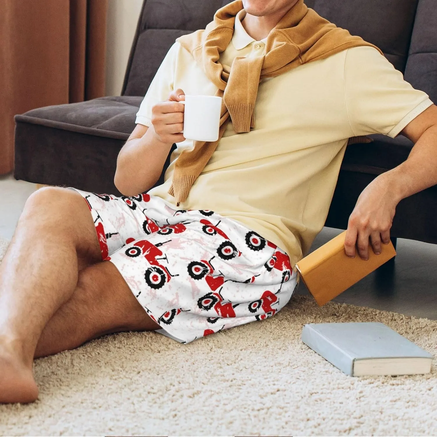 Mens Pajama Pants - Red Wheeled Tractors Sleep Shorts Mens Pajama Shorts, Comfy Pj Pants for Mens Lounge Shorts