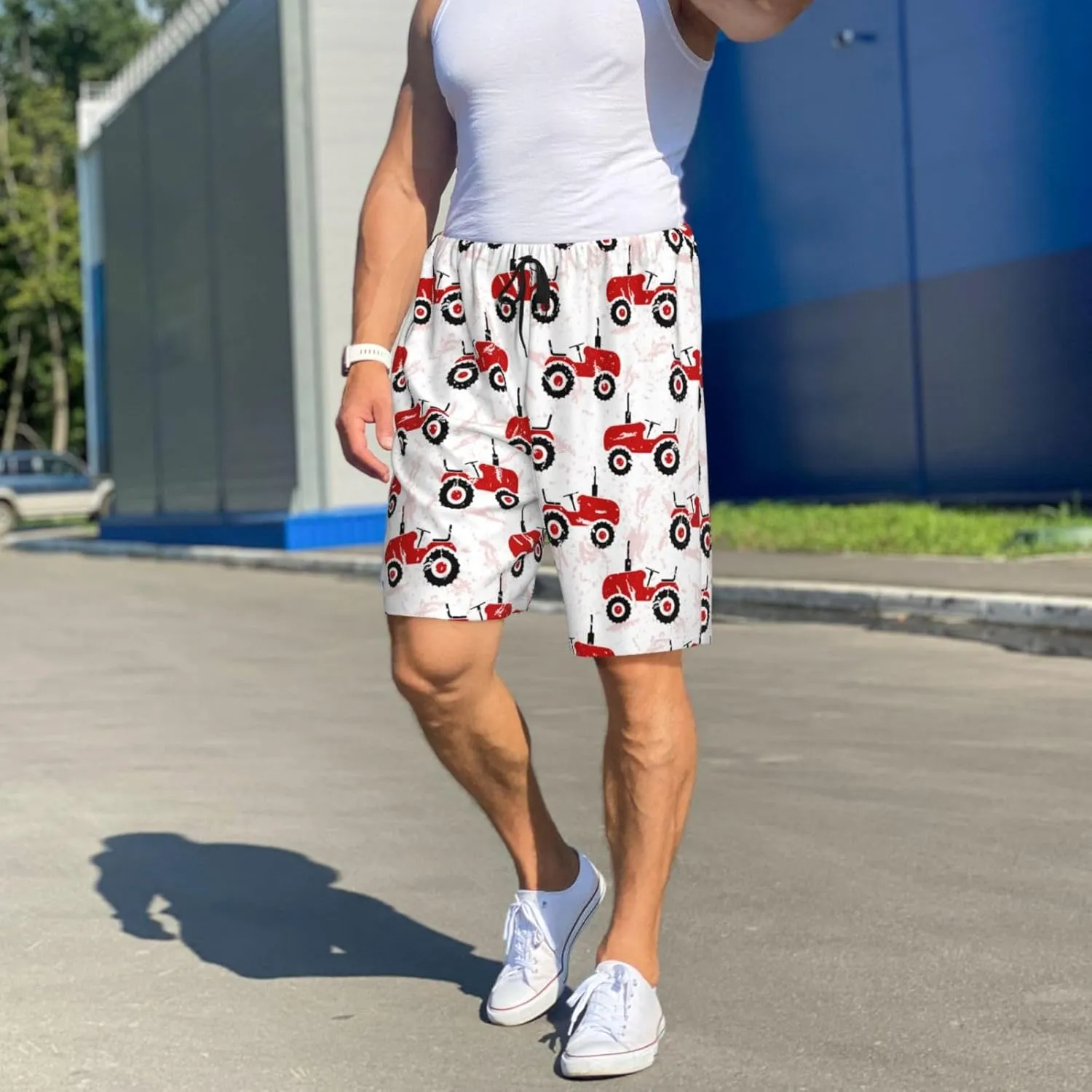 Mens Pajama Pants - Red Wheeled Tractors Sleep Shorts Mens Pajama Shorts, Comfy Pj Pants for Mens Lounge Shorts