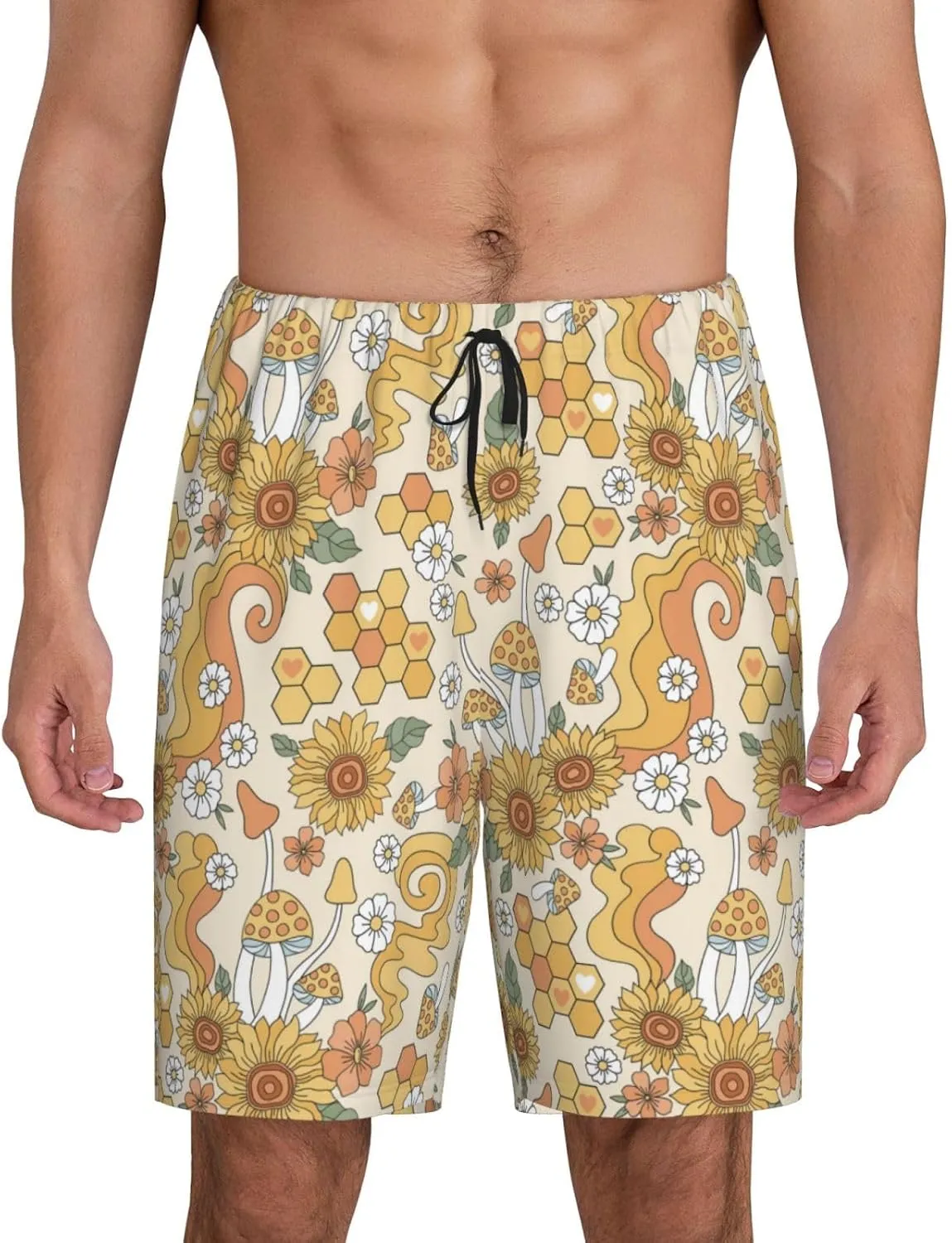 Mens Pajama Pants - Retro 70s 60s Flower Comfy Sleep Shorts Mens Pajama Shorts, Mens Lounge Shorts Pj Pants