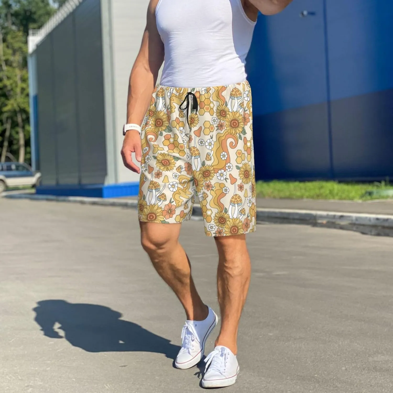 Mens Pajama Pants - Retro 70s 60s Flower Comfy Sleep Shorts Mens Pajama Shorts, Mens Lounge Shorts Pj Pants