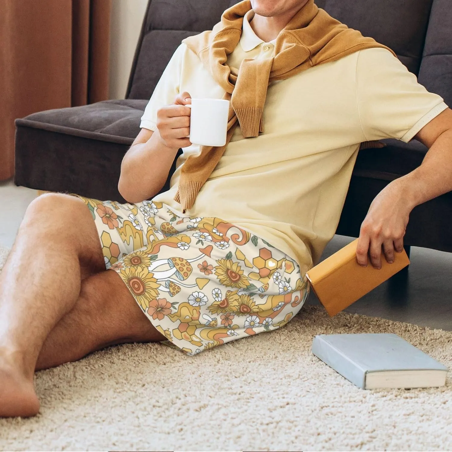 Mens Pajama Pants - Retro 70s 60s Flower Comfy Sleep Shorts Mens Pajama Shorts, Mens Lounge Shorts Pj Pants