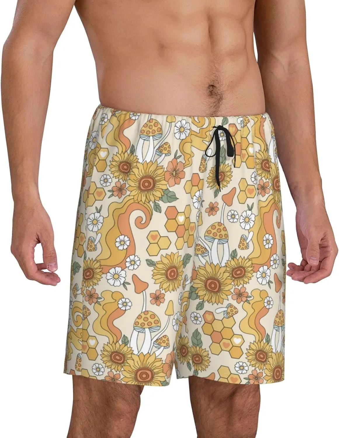 Mens Pajama Pants - Retro 70s 60s Flower Comfy Sleep Shorts Mens Pajama Shorts, Mens Lounge Shorts Pj Pants