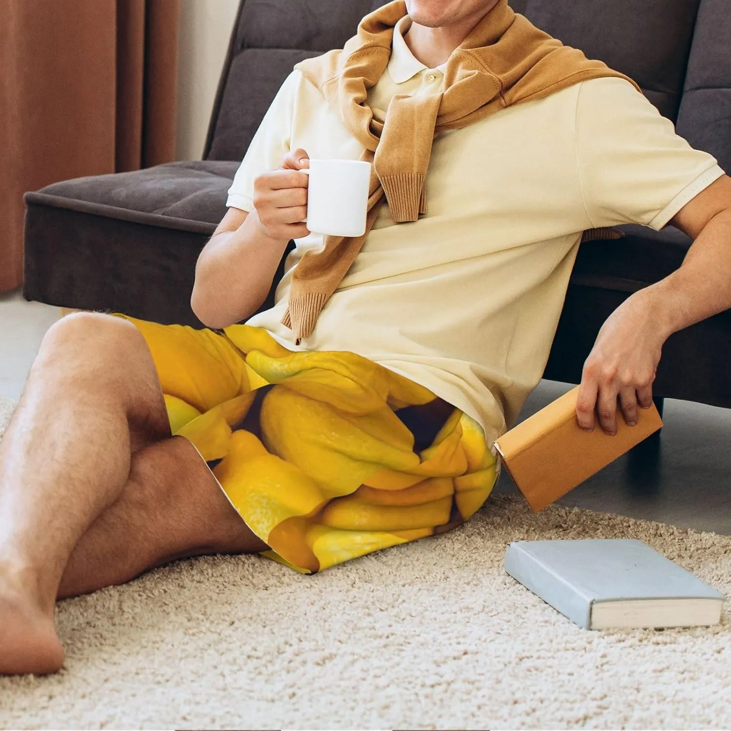 Mens Pajama Pants - Ripe Yellow Lemon Sleep Comfy Shorts Mens Pajama Shorts, Pj Pants for Mens Lounge Shorts