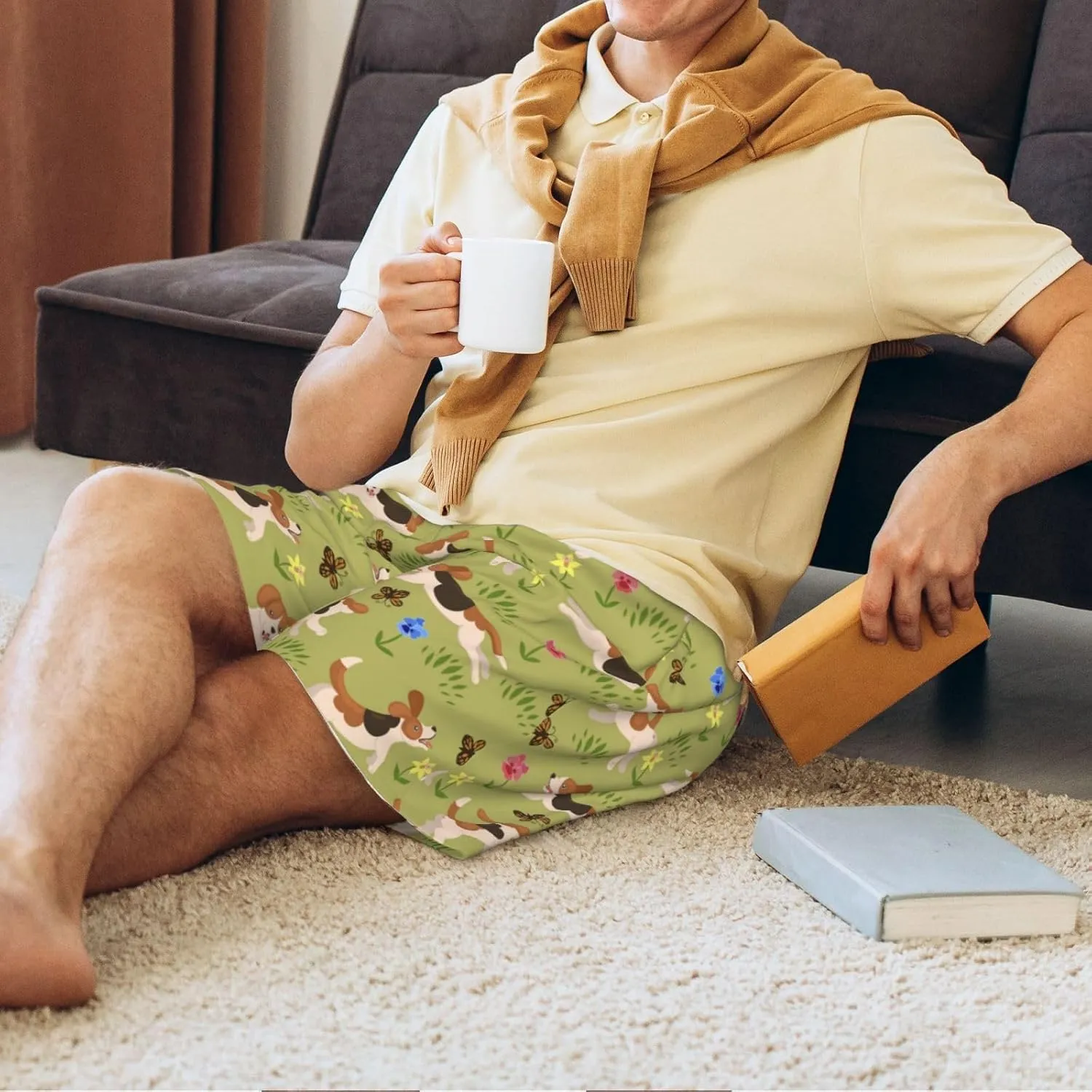 Mens Pajama Pants - Running Beagle Sleep Shorts Mens Pajama Shorts, Comfy Pj Pants for Mens Lounge Shorts
