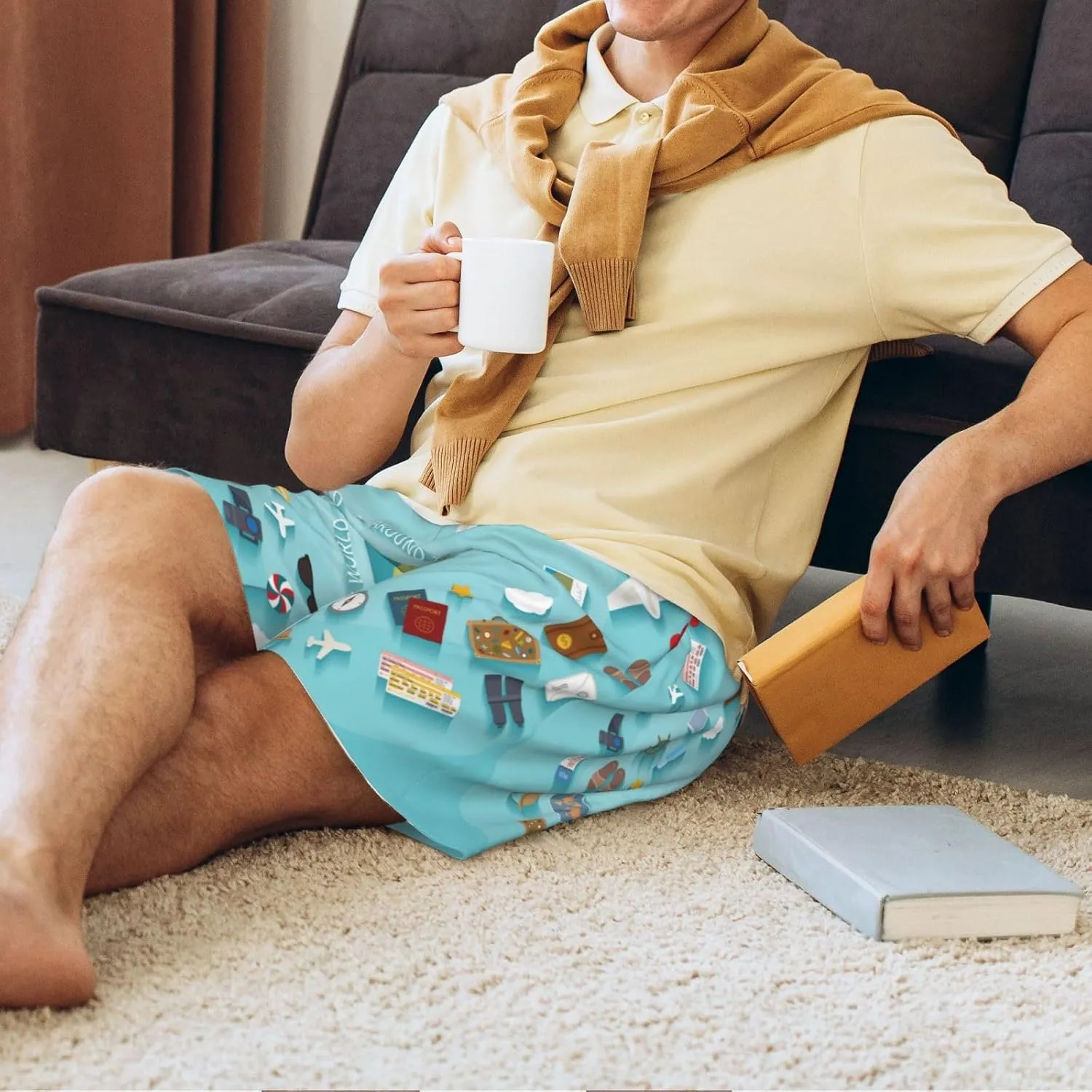 Mens Pajama Pants - Travelling on Airplane Sleep Comfy Shorts Mens Pajama Shorts, Pj Pants for Mens Lounge Shorts