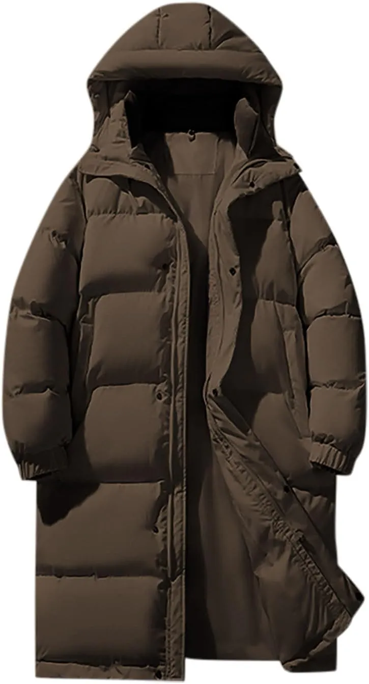 Mens Puffer Jacket Long Winter Coat Hooded Down Jacket Warm Parka Jacket Quilted Insulated Jacket Windproof Coat