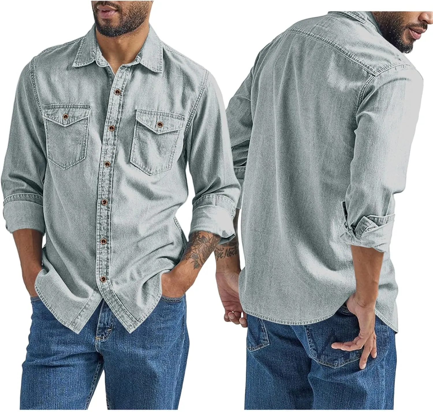Men's Regular Fit Denim Button Down Shirts Casual Chambray Long Sleeve Lightweight Tops Casual Spread Collar