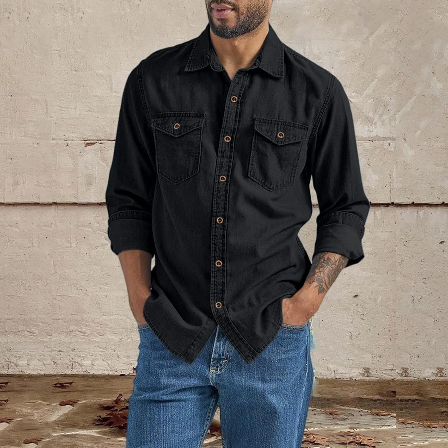 Men's Regular Fit Denim Button Down Shirts Casual Chambray Long Sleeve Lightweight Tops Casual Spread Collar