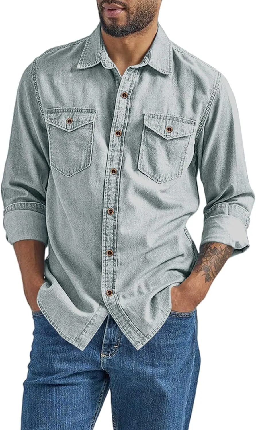 Men's Regular Fit Denim Button Down Shirts Casual Chambray Long Sleeve Lightweight Tops Casual Spread Collar