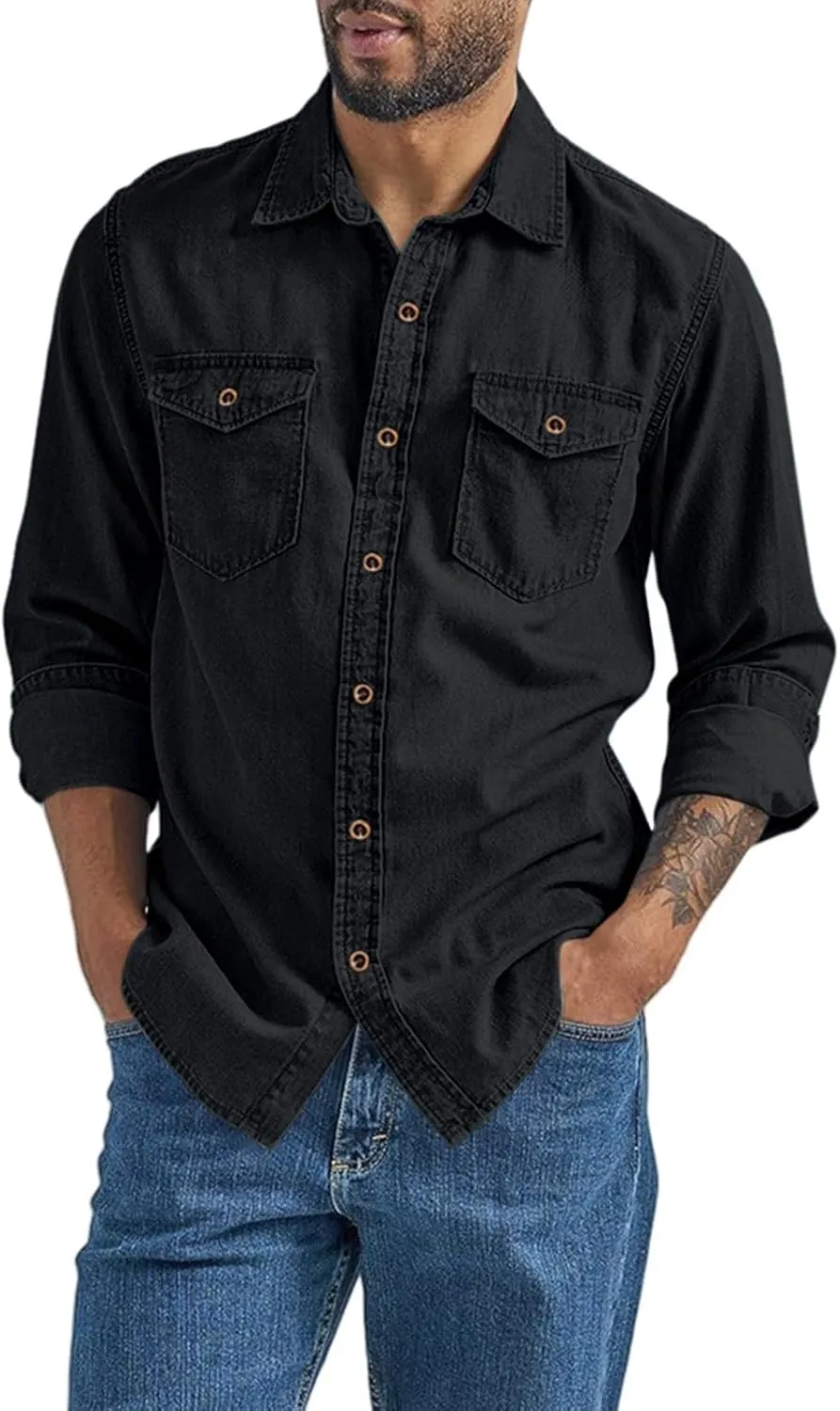 Men's Regular Fit Denim Button Down Shirts Casual Chambray Long Sleeve Lightweight Tops Casual Spread Collar