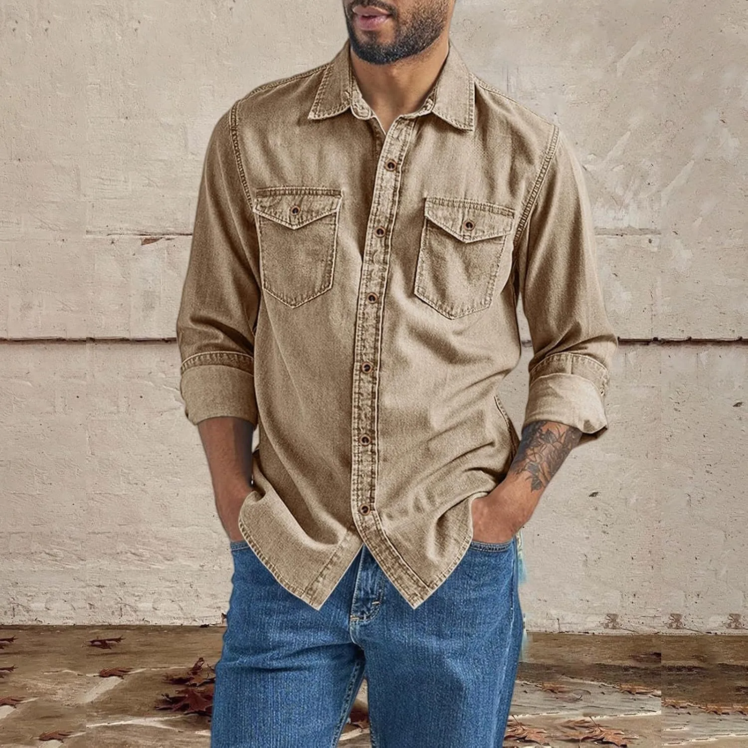 Men's Regular Fit Denim Button Down Shirts Casual Chambray Long Sleeve Lightweight Tops Casual Spread Collar