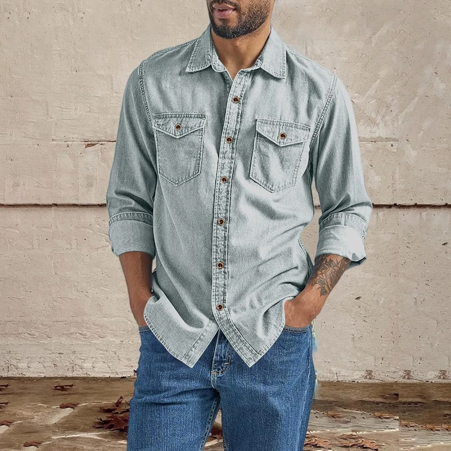 Men's Regular Fit Denim Button Down Shirts Casual Chambray Long Sleeve Lightweight Tops Casual Spread Collar