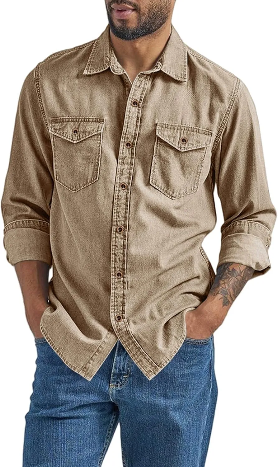 Men's Regular Fit Denim Button Down Shirts Casual Chambray Long Sleeve Lightweight Tops Casual Spread Collar