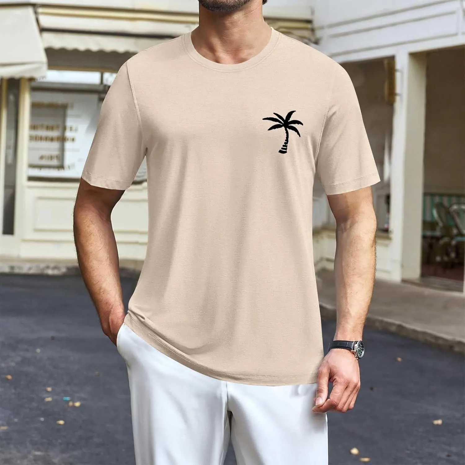 Mens Resort Wear 2025 Summer Crew Neck Short Sleeve Palm Tree Print T-Shirts Casual Slim Fit Graphic Tee Shirts, S-5xl