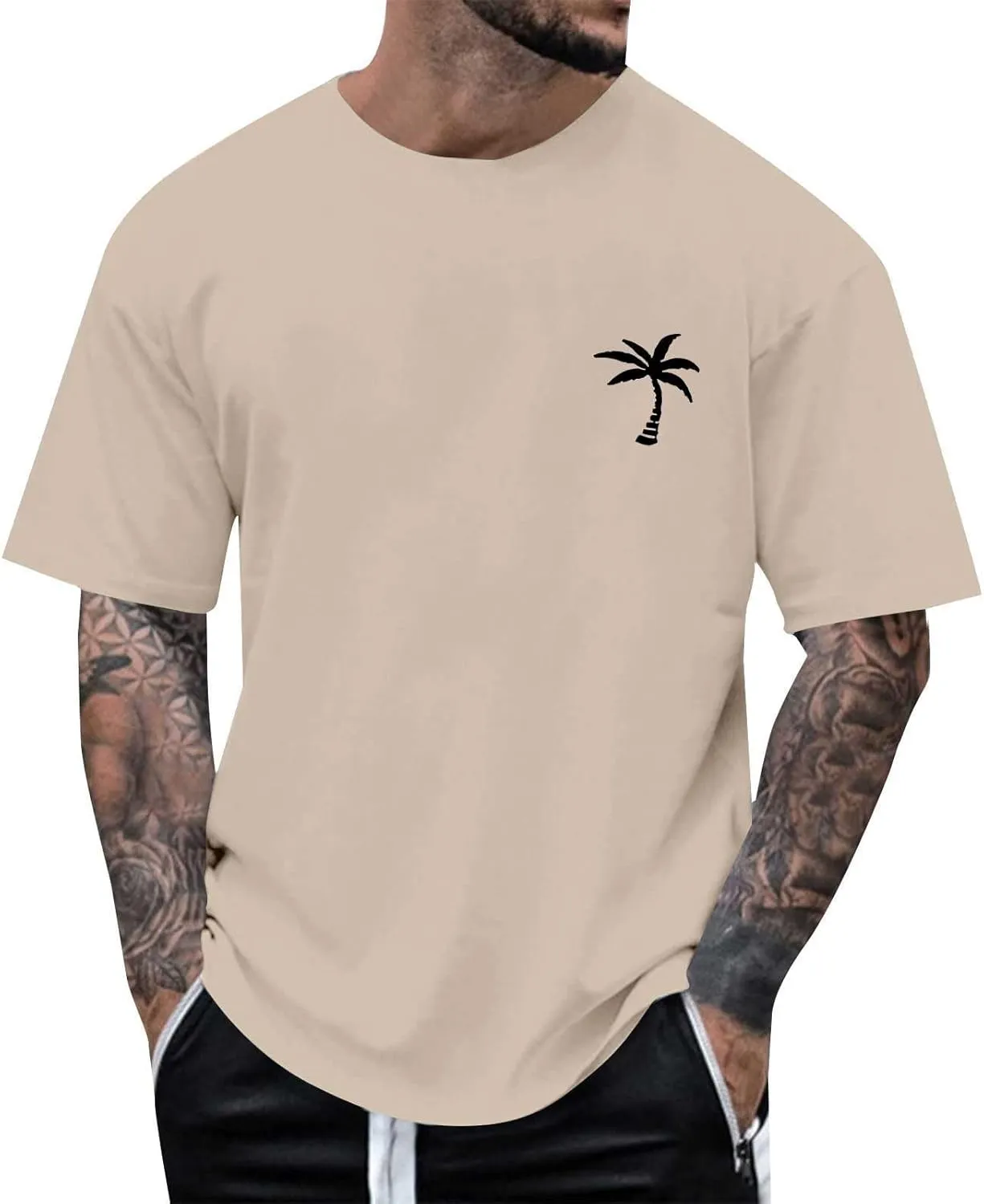 Mens Resort Wear 2025 Summer Crew Neck Short Sleeve Palm Tree Print T-Shirts Casual Slim Fit Graphic Tee Shirts, S-5xl