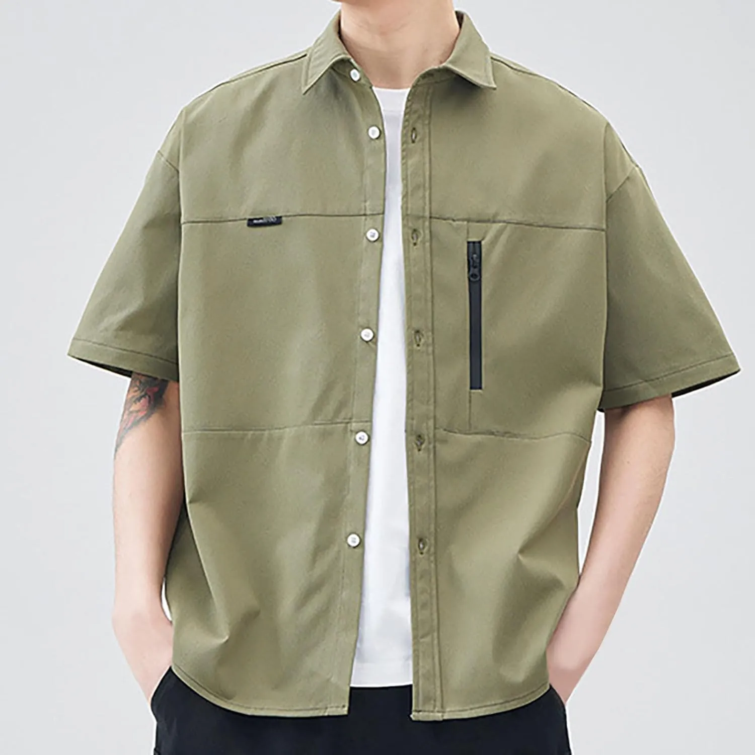 Men's Shirt Jacket with Zipper Pocket Summer Short Sleeve Button Down Shirts Cardigan Coat Blouse Tops