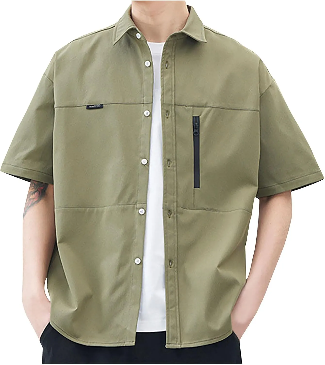 Men's Shirt Jacket with Zipper Pocket Summer Short Sleeve Button Down Shirts Cardigan Coat Blouse Tops