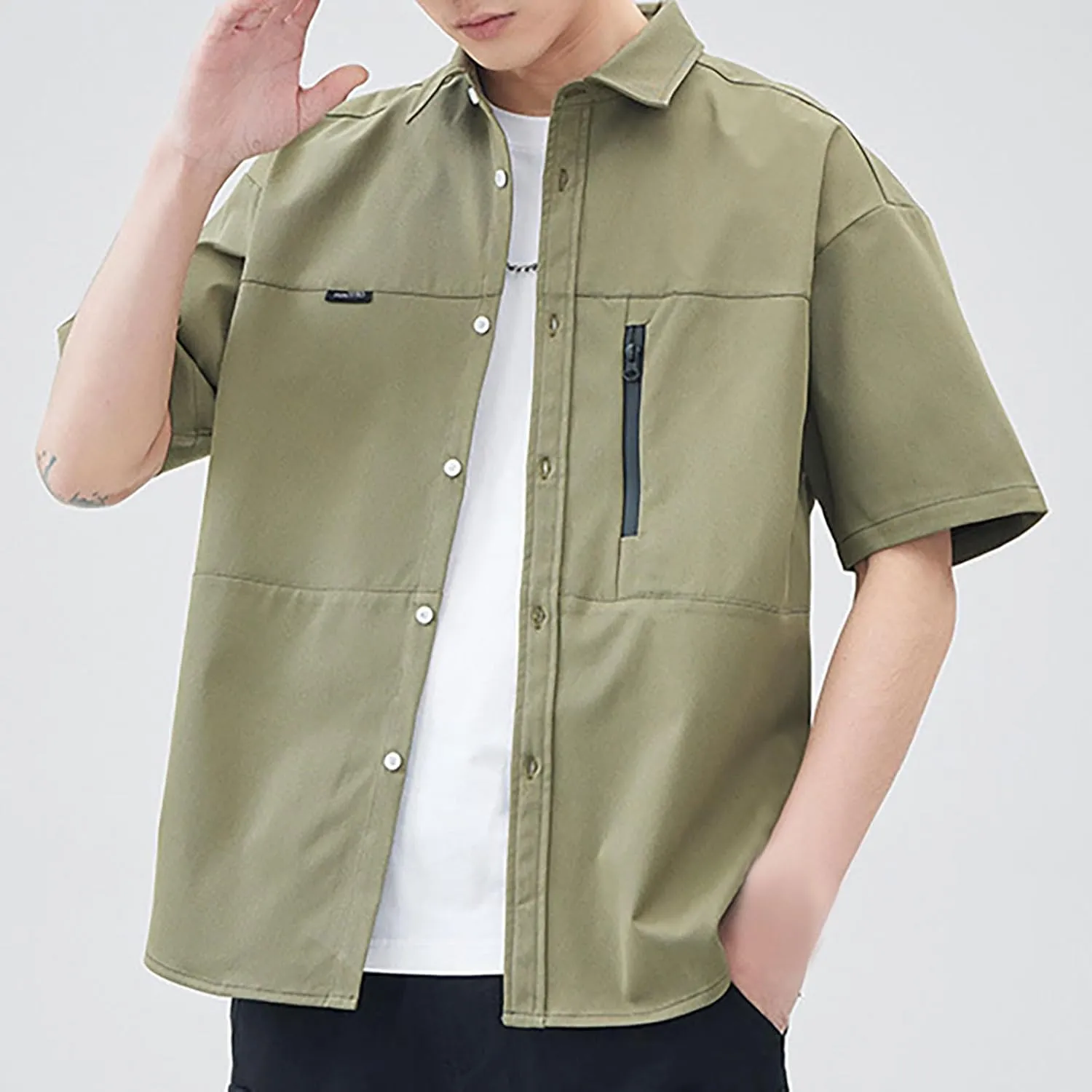 Men's Shirt Jacket with Zipper Pocket Summer Short Sleeve Button Down Shirts Cardigan Coat Blouse Tops