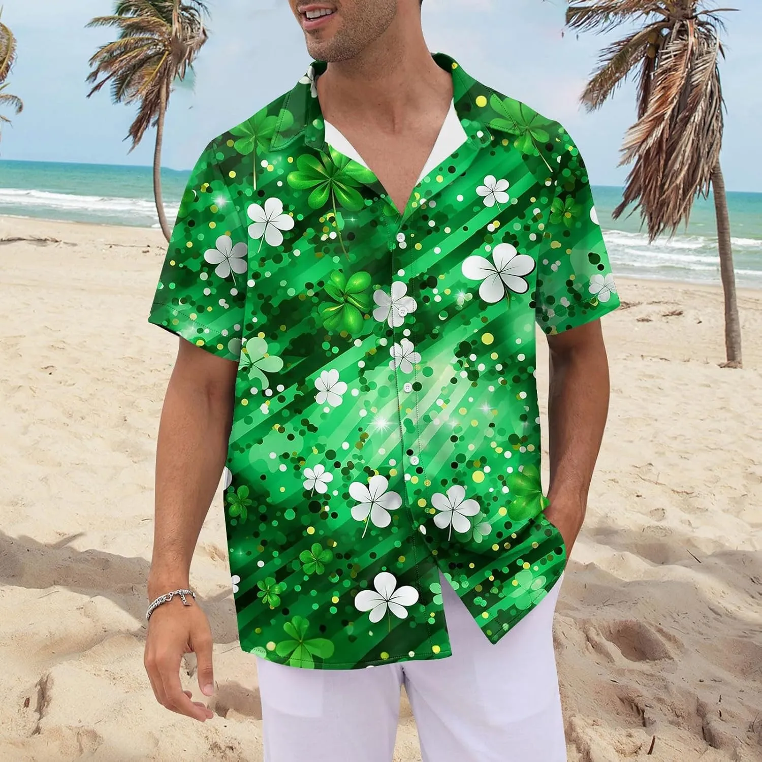 Mens Short Sleeve Shirts Hawaii Print Tops Casual Button Down Shirts for Men Beach Summer Vacation Wedding Tops