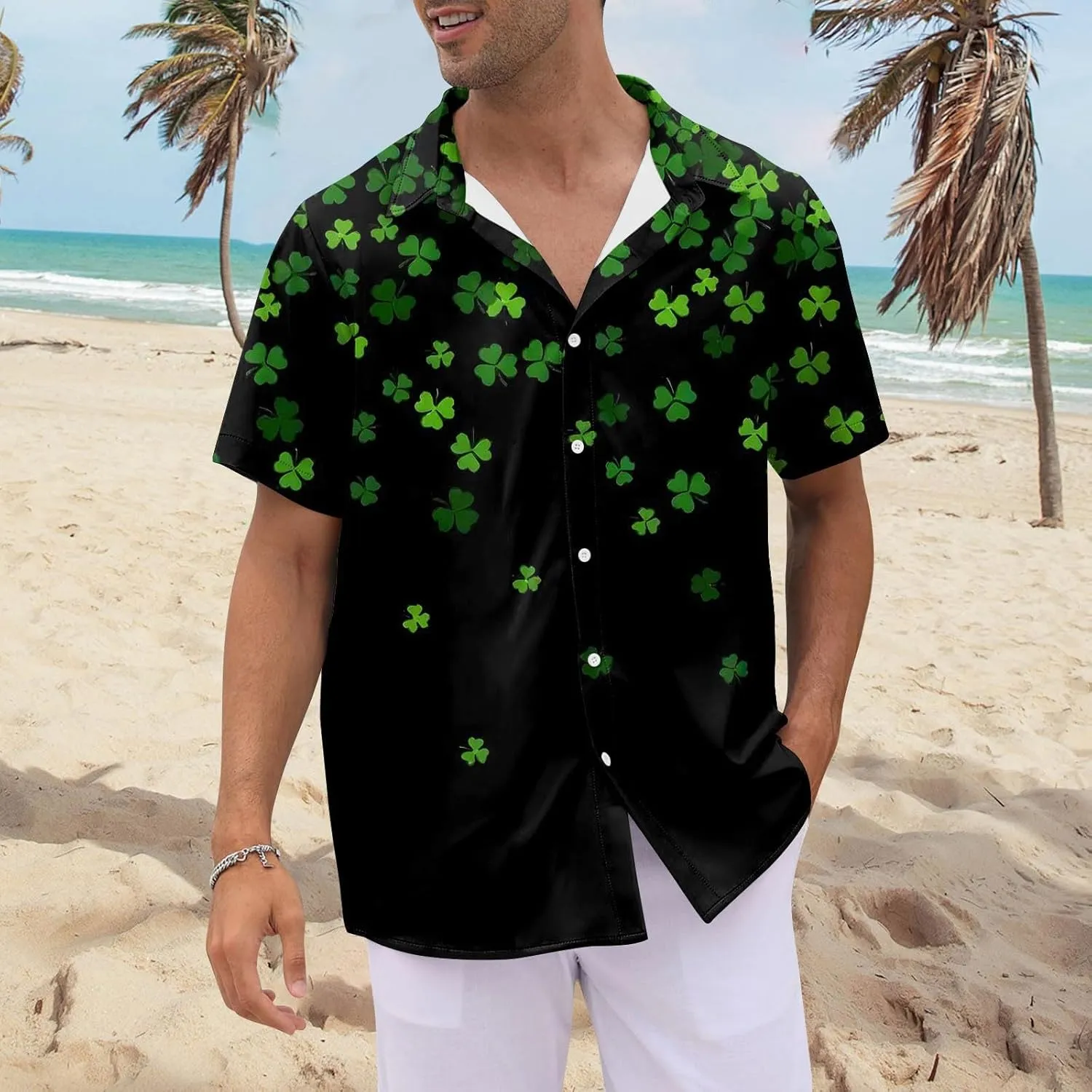 Mens Short Sleeve Shirts Hawaii Print Tops Casual Button Down Shirts for Men Beach Summer Vacation Wedding Tops