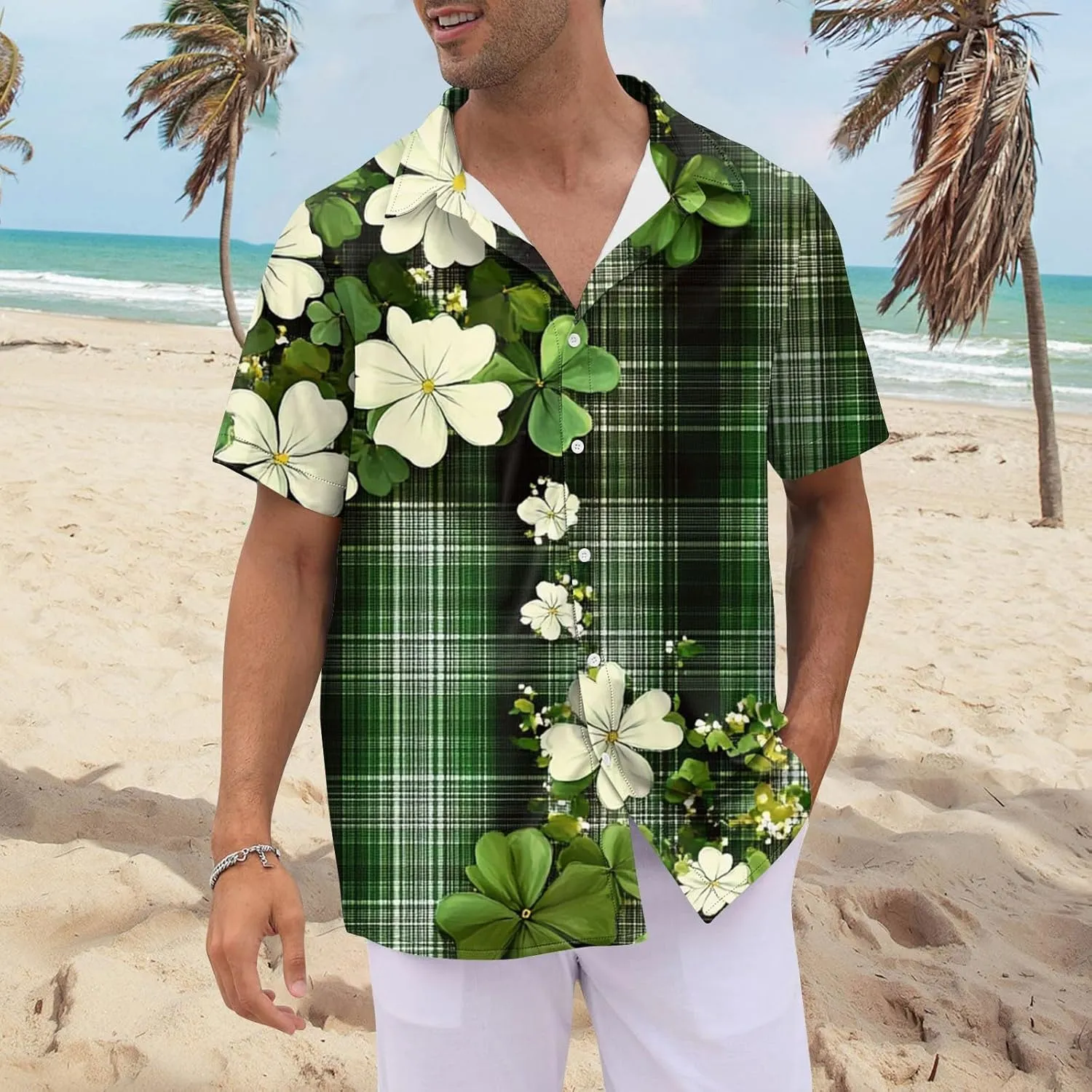 Mens Short Sleeve Shirts Hawaii Print Tops Casual Button Down Shirts for Men Beach Summer Vacation Wedding Tops