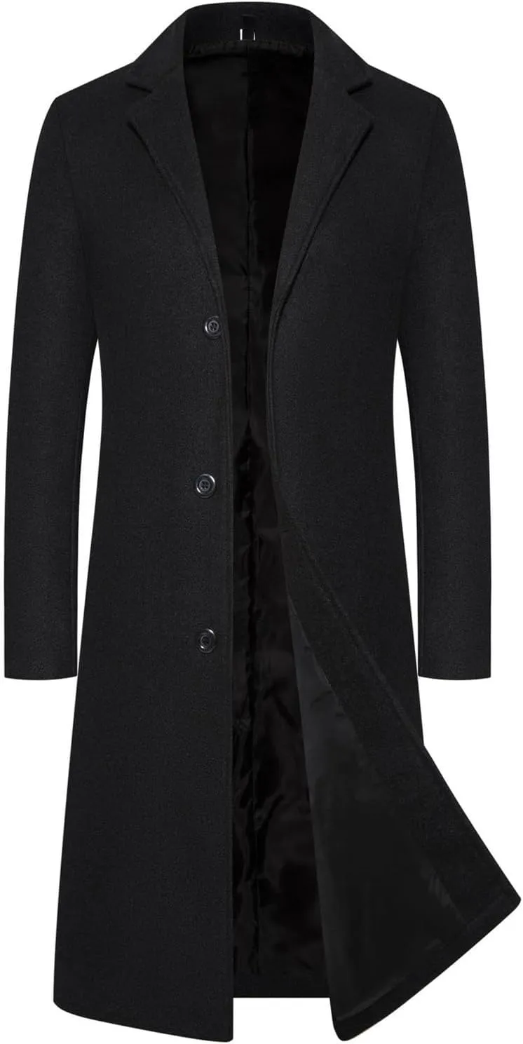 Men's Slim Winter Wool Blend Coat Single Breasted Business Long Pea Coats Notched Lapel Trench Jacket Overcoat