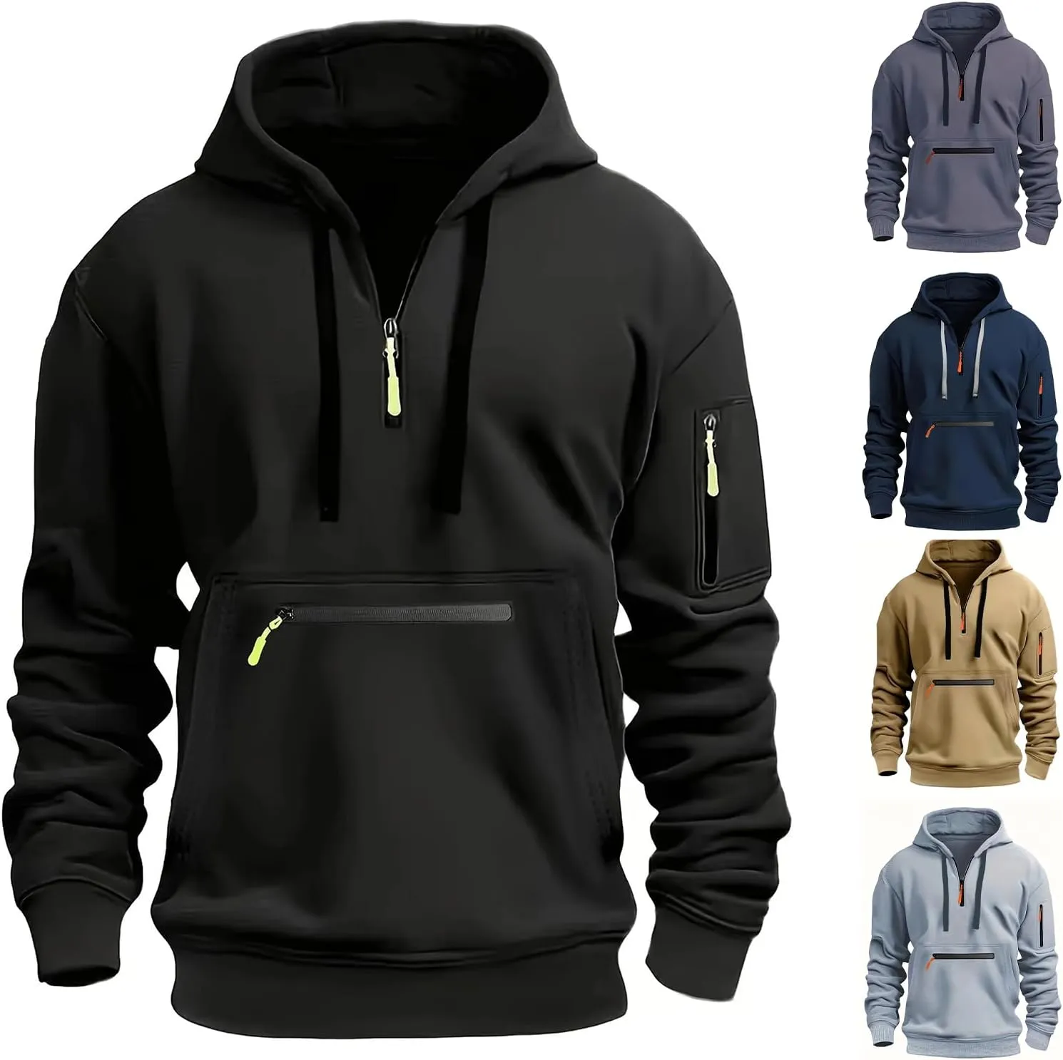 Men's Solid Pullover Hoodies Quarter Zip Sweatshirts Soft Blend Fleece Hooded Sweatshirts Long Sleeve with Big Pocket